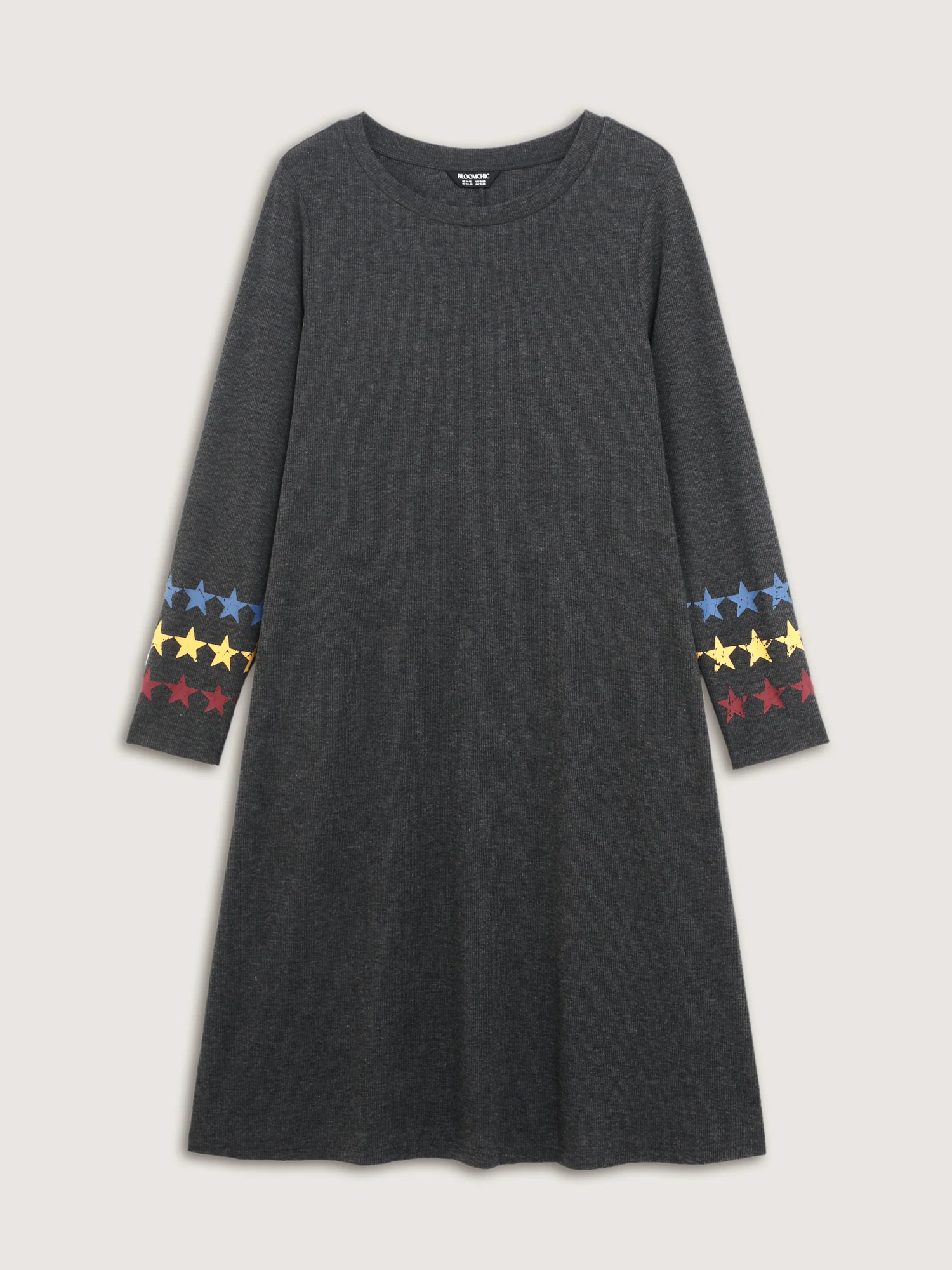Ribbed Star Print Sleeve Pockets Midi Dress - Image 7