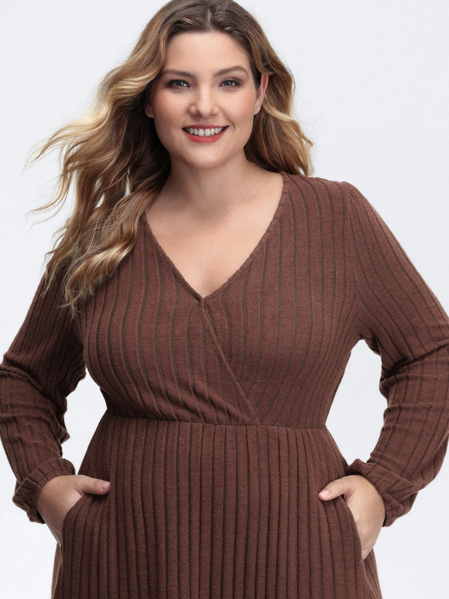 Ribbed Stretchy Cinched-Waist Knit Midi Dress - Image 2