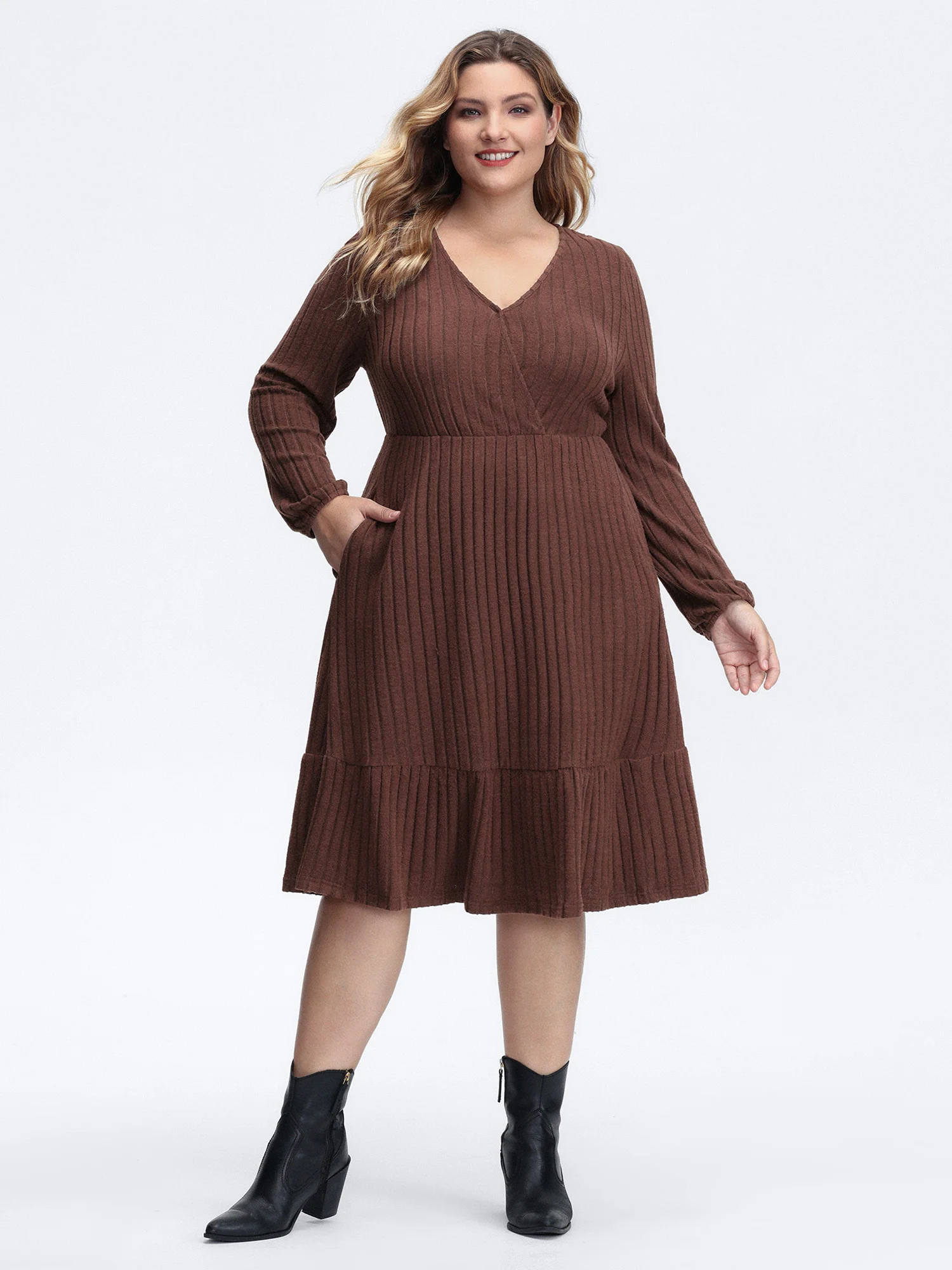 Ribbed Stretchy Cinched-Waist Knit Midi Dress - Image 3