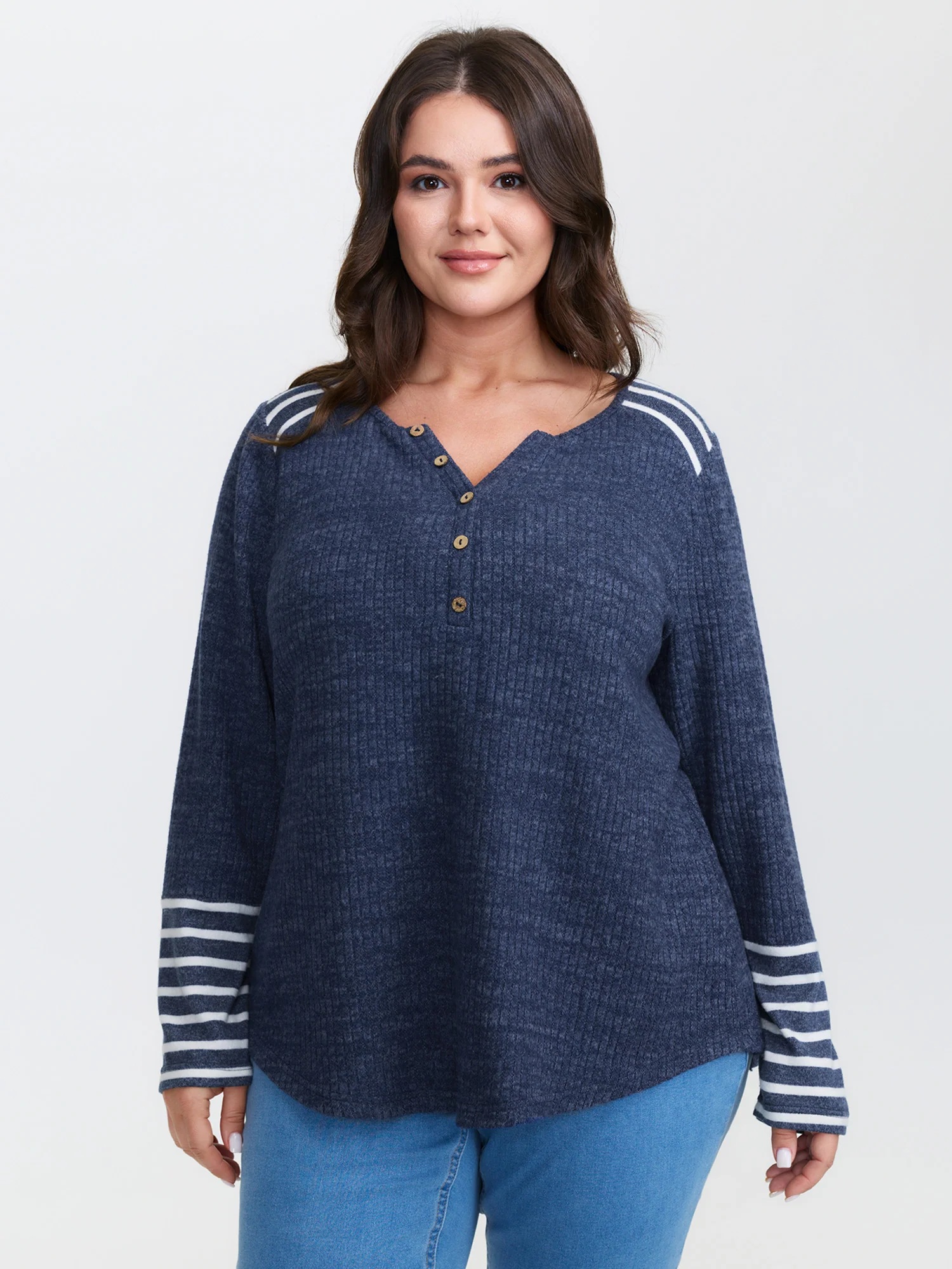 Ribbed Stripe Button Placket T-Shirt