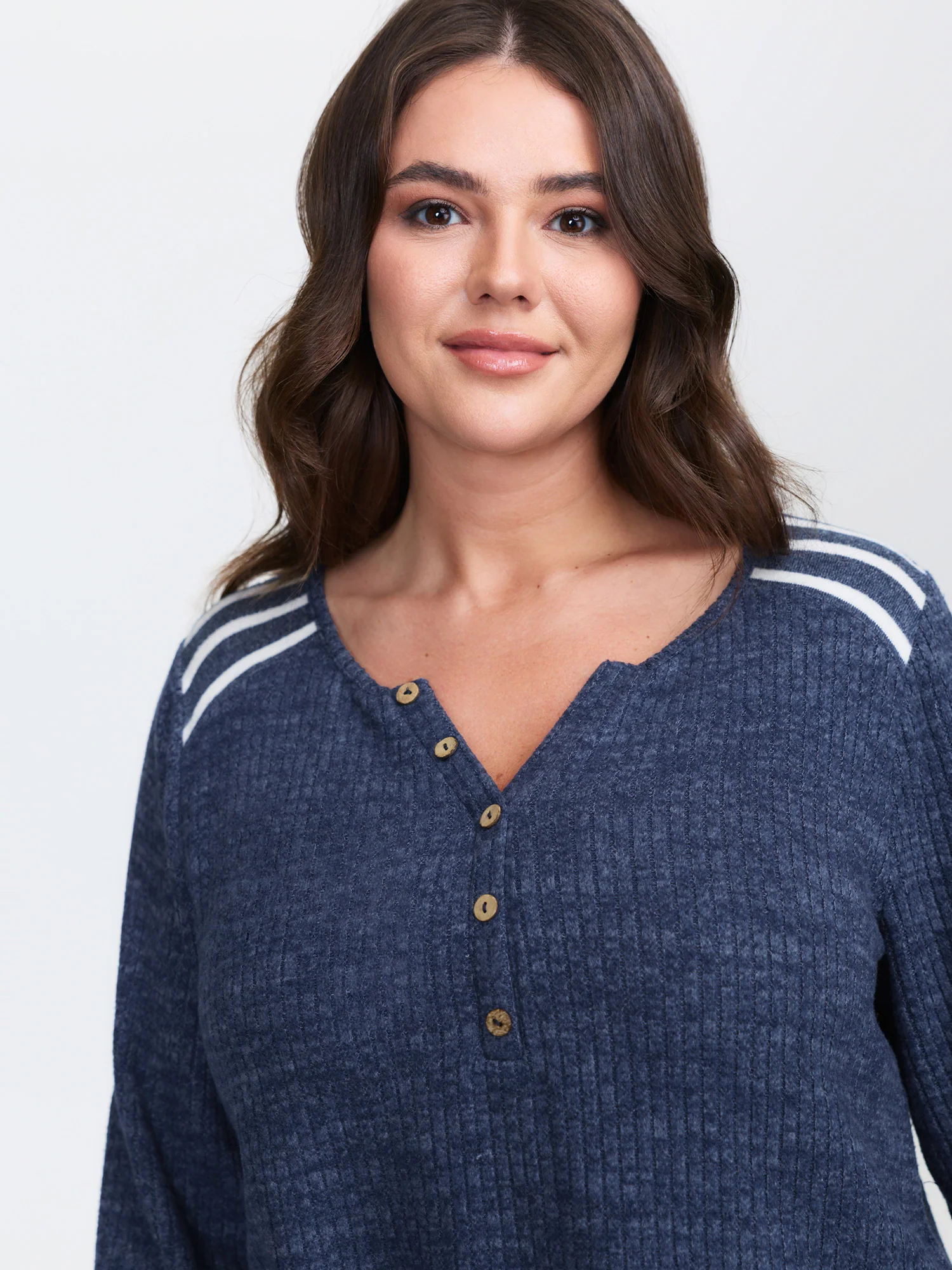 Ribbed Stripe Button Placket T-Shirt - Image 2