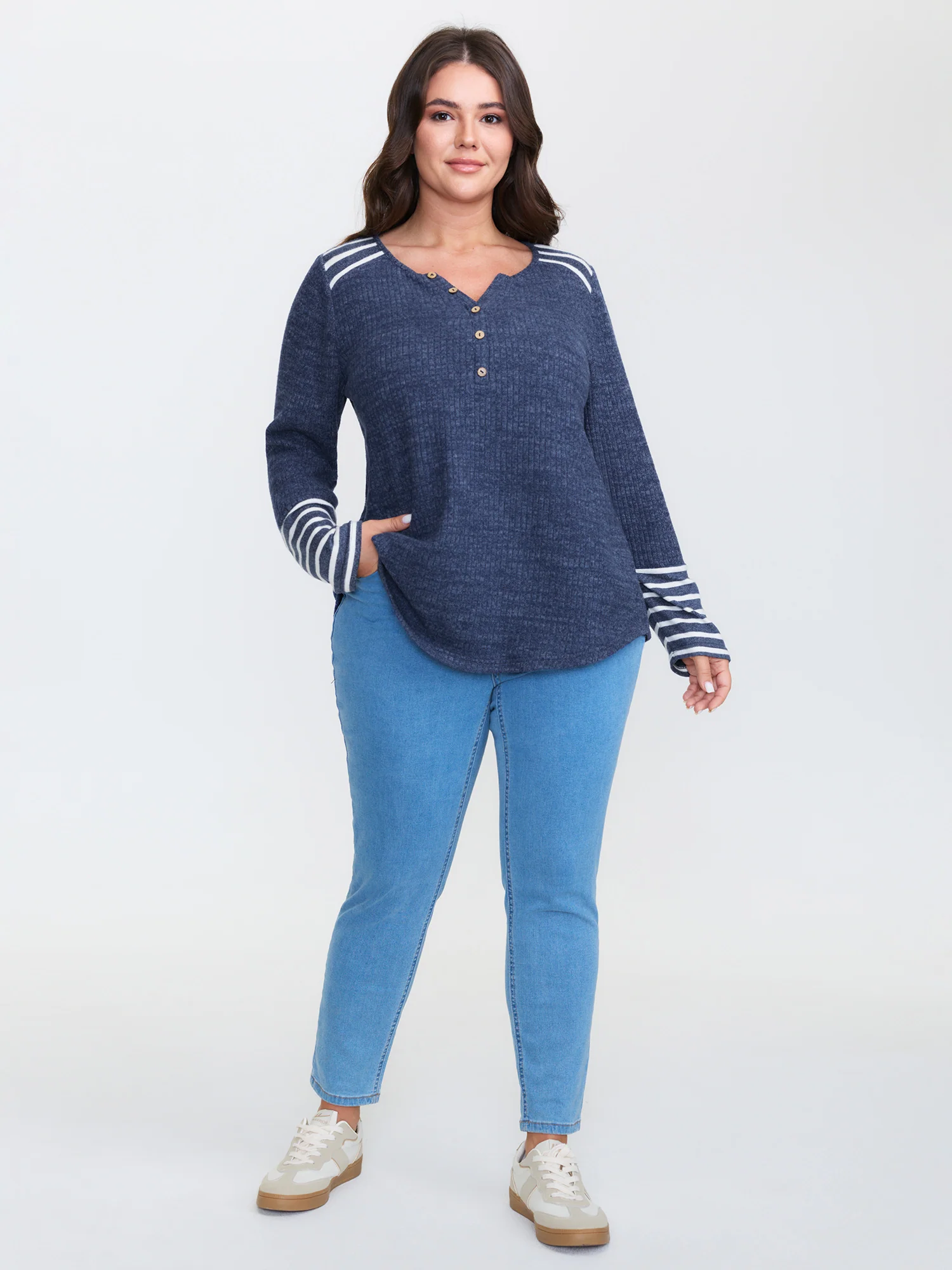 Ribbed Stripe Button Placket T-Shirt - Image 3