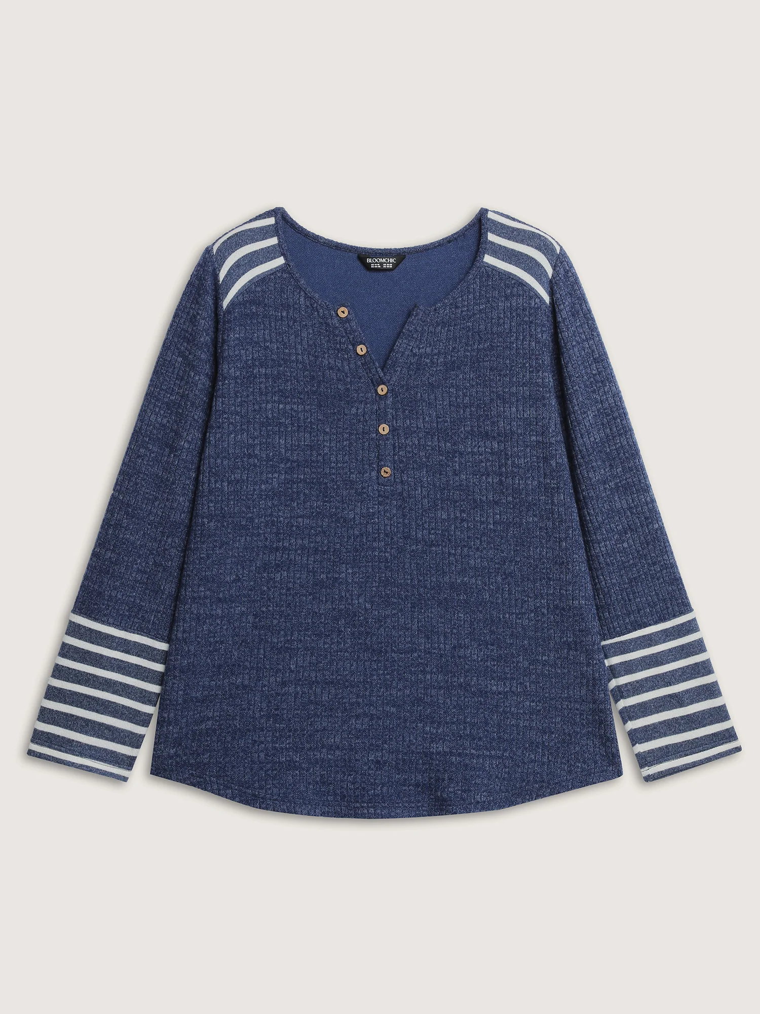 Ribbed Stripe Button Placket T-Shirt - Image 7