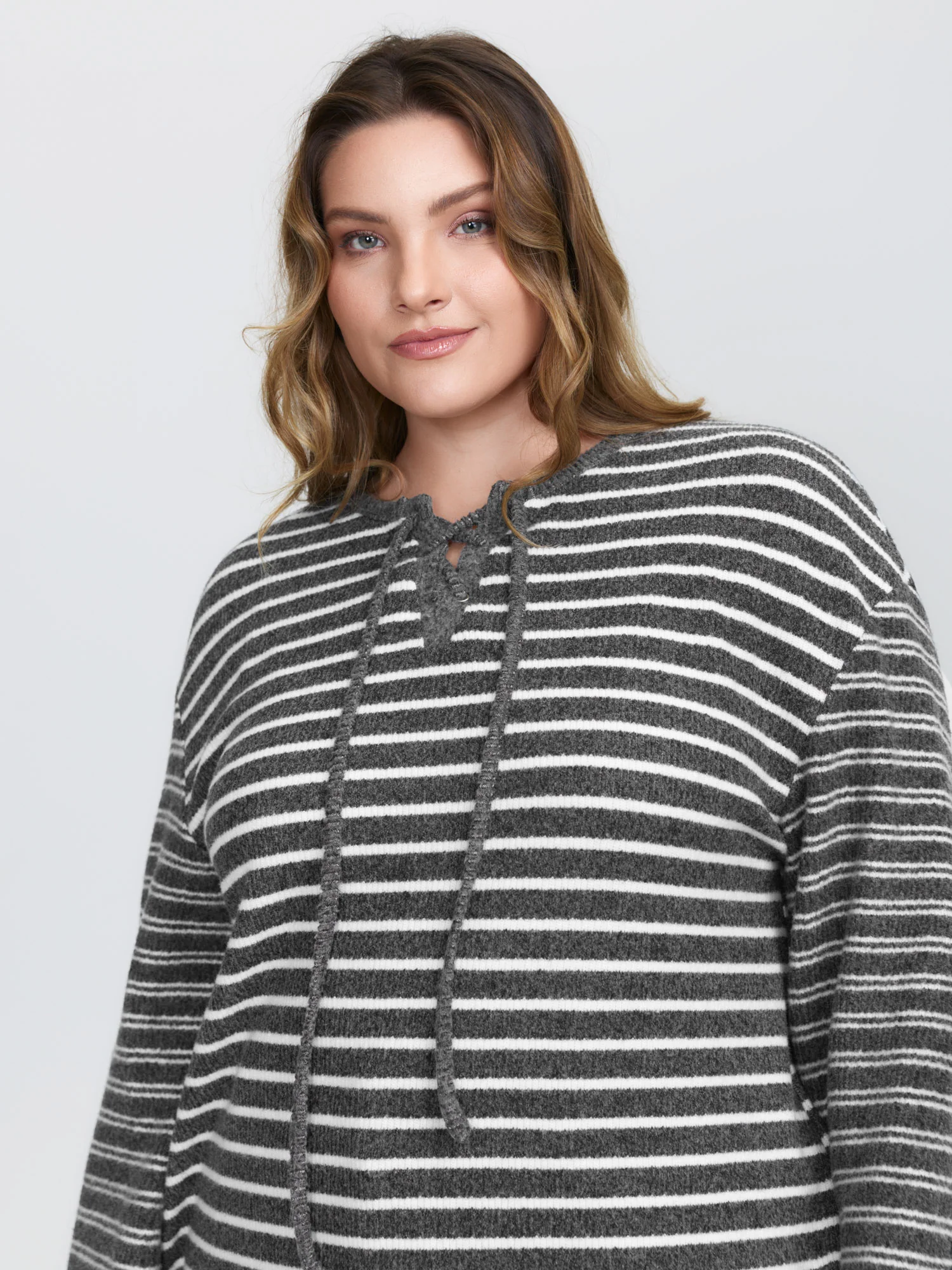 Ribbed Stripe Textured Neck-Tie T-Shirt - Image 3