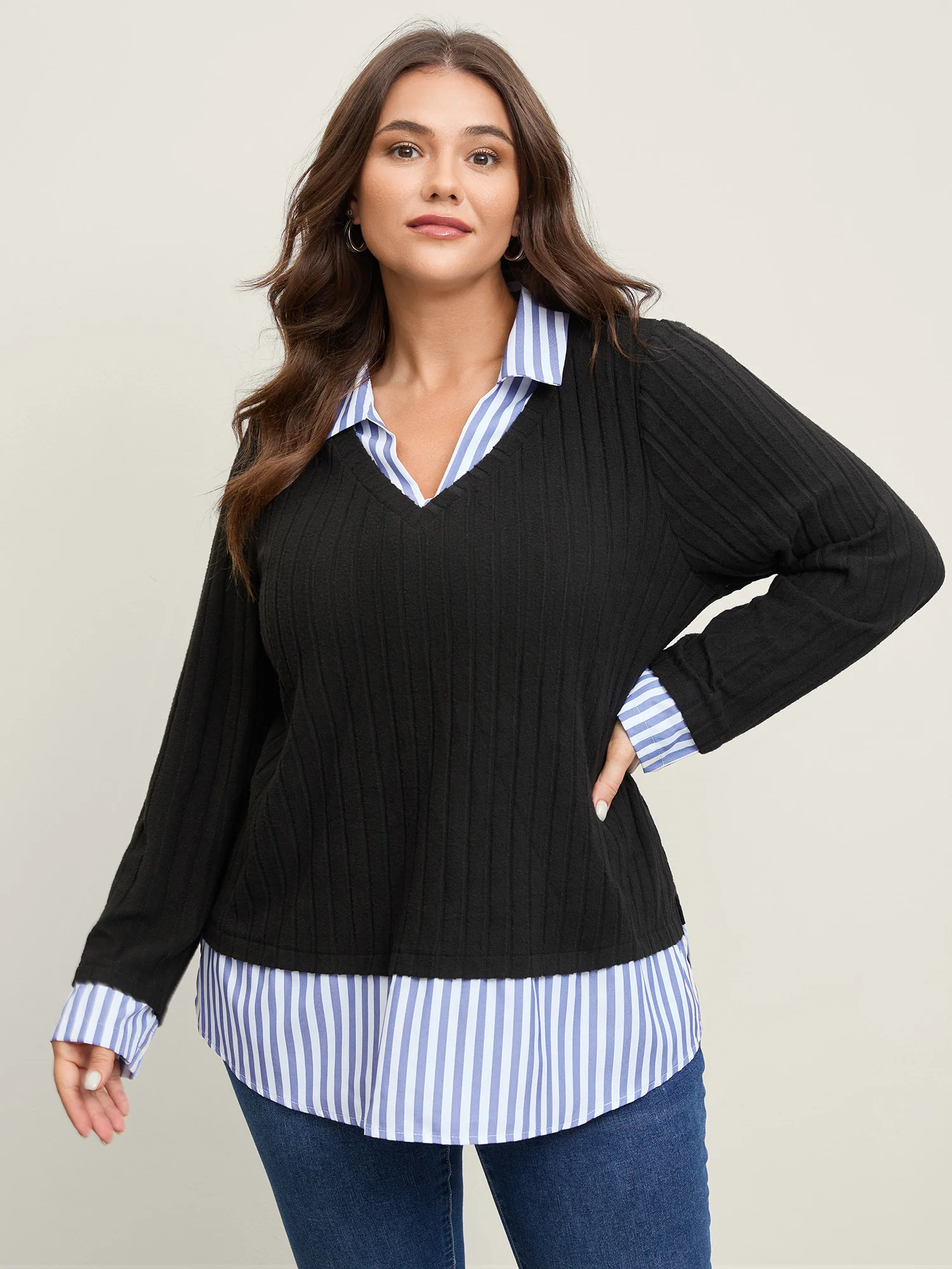 Ribbed Striped Stretchy Sweatshirt Top - Image 2