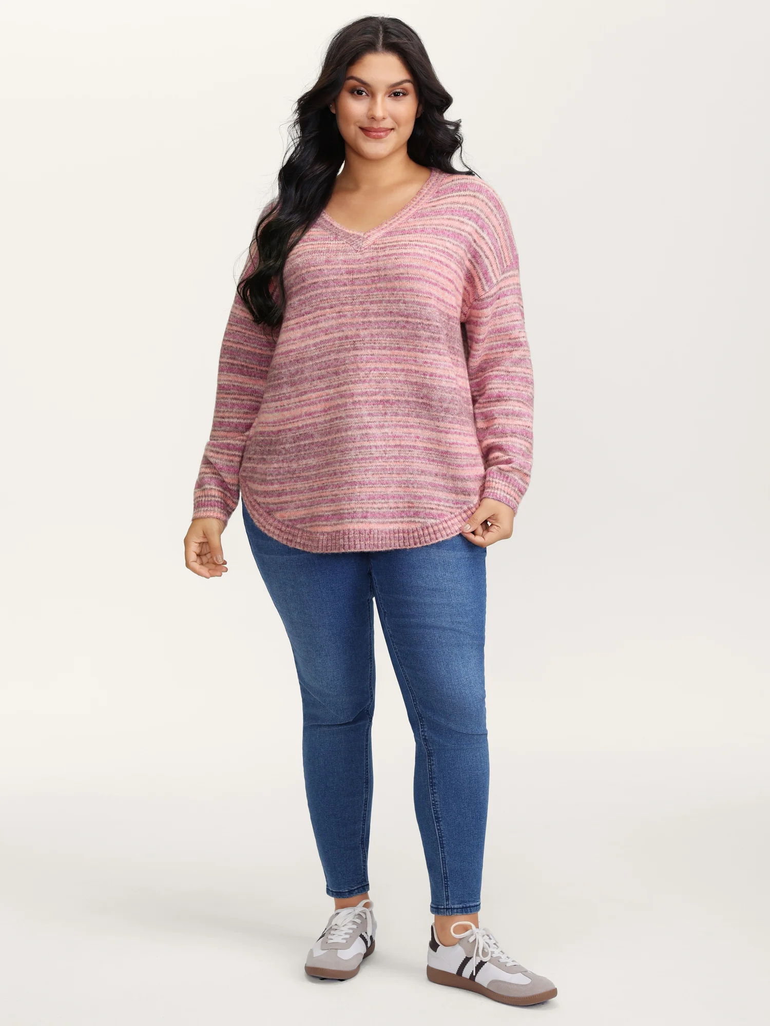 Ribbed Texture Curvy Hem V-Neck Pullover - Image 3