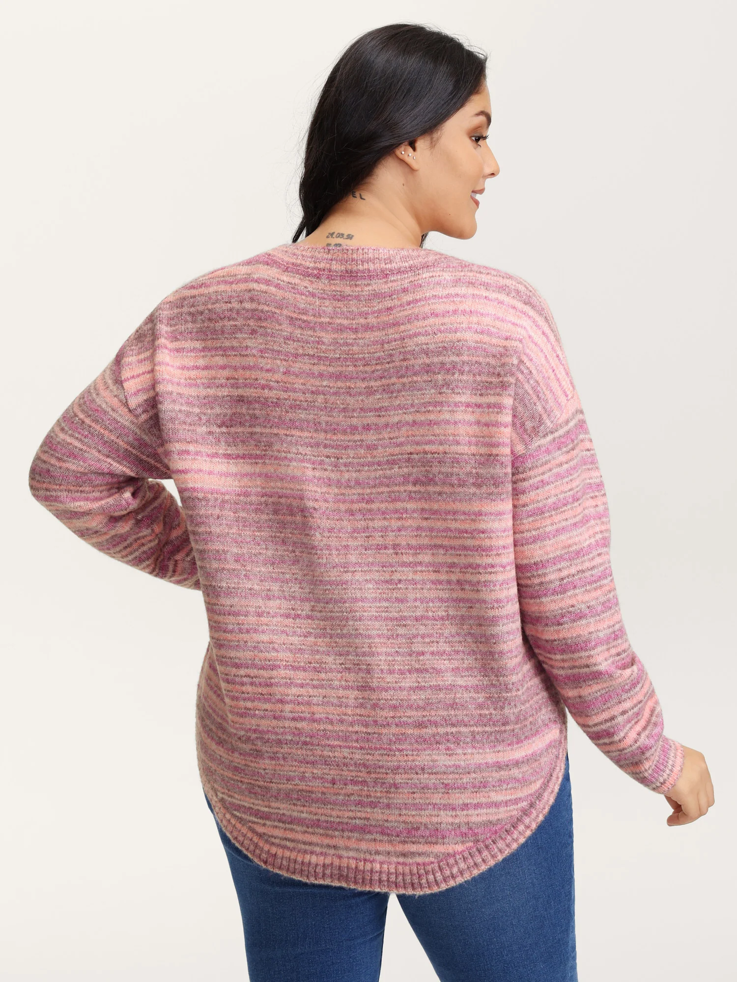 Ribbed Texture Curvy Hem V-Neck Pullover - Image 5