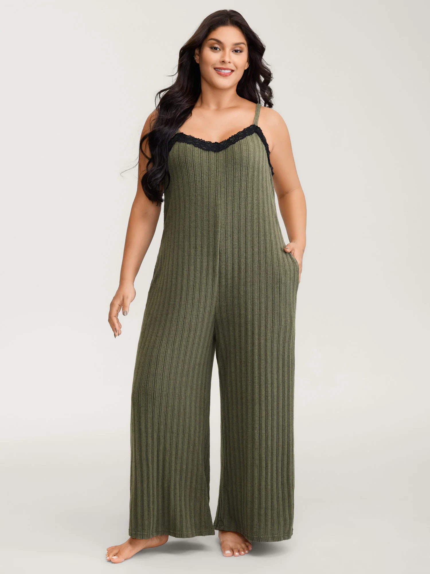 Ribbed Texture Lace Adjustable Pajama Jumpsuit