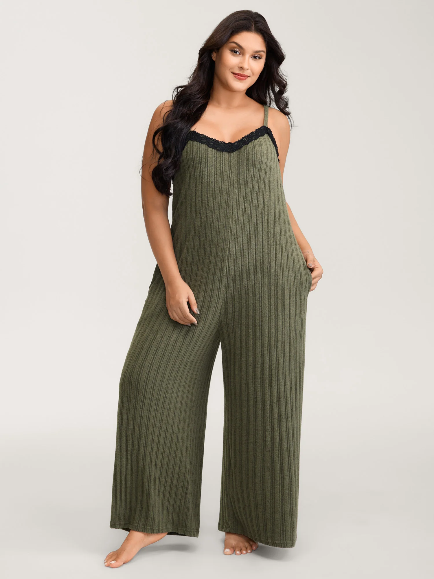 Ribbed Texture Lace Adjustable Pajama Jumpsuit - Image 3