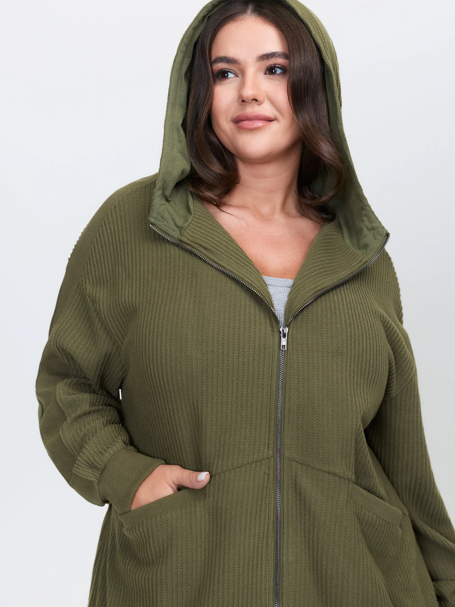 Ribbed Texture Pockets Hooded Coat - Image 2