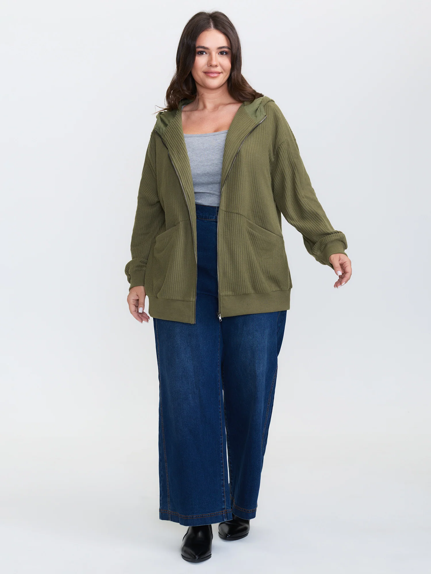 Ribbed Texture Pockets Hooded Coat - Image 3