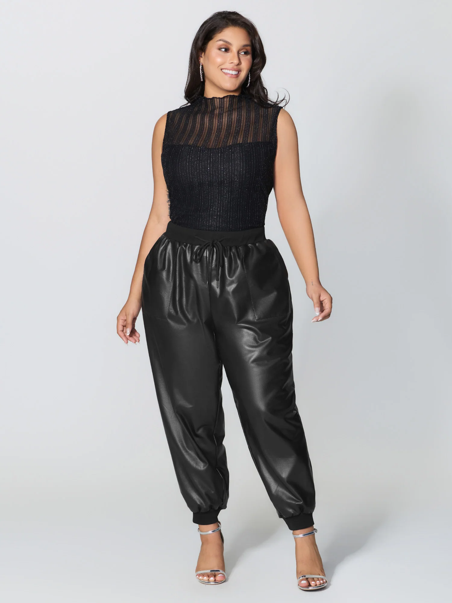 Ribbed Trim Spliced Leather Drawstring Pants - Image 2