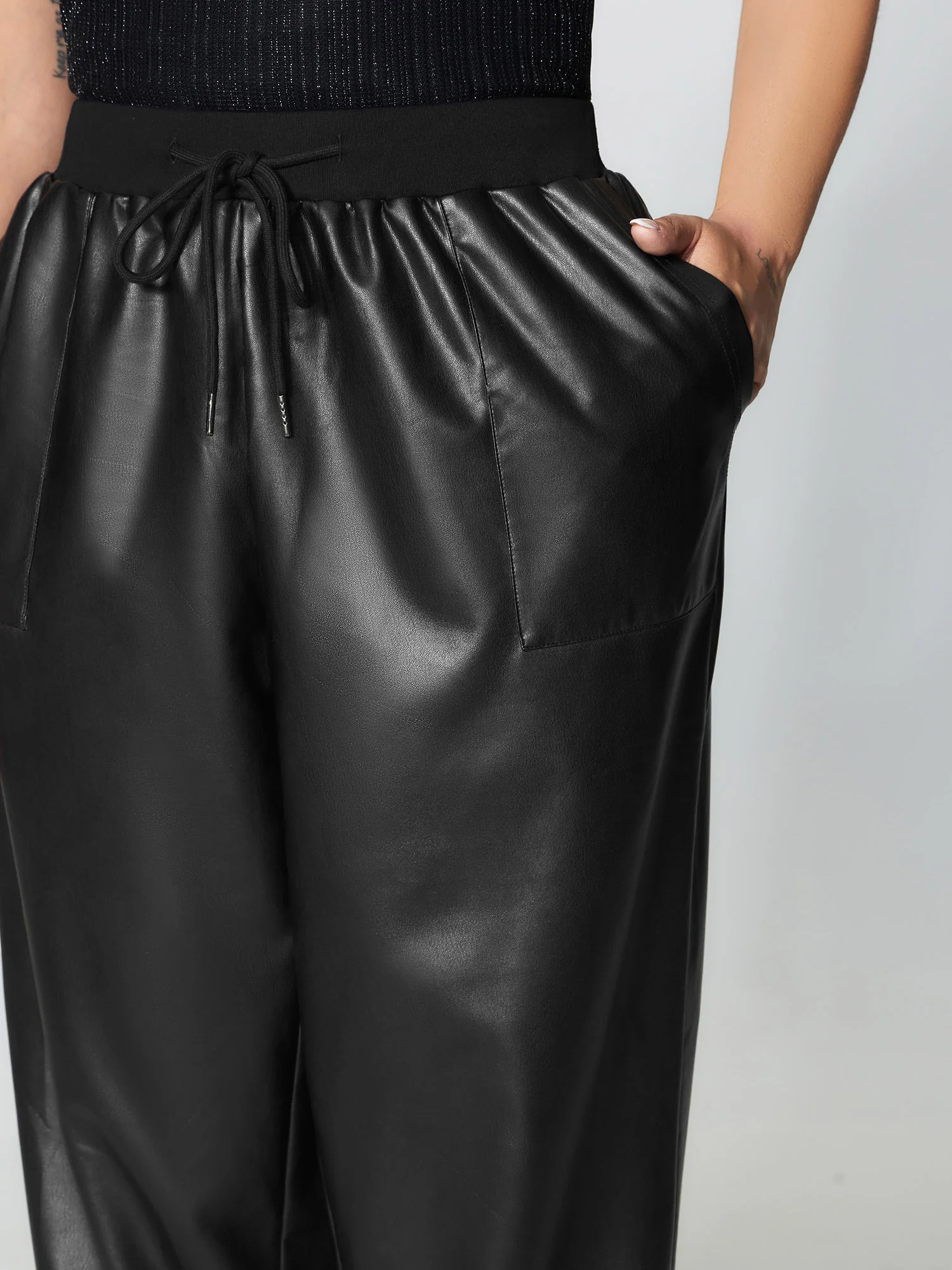 Ribbed Trim Spliced Leather Drawstring Pants - Image 3