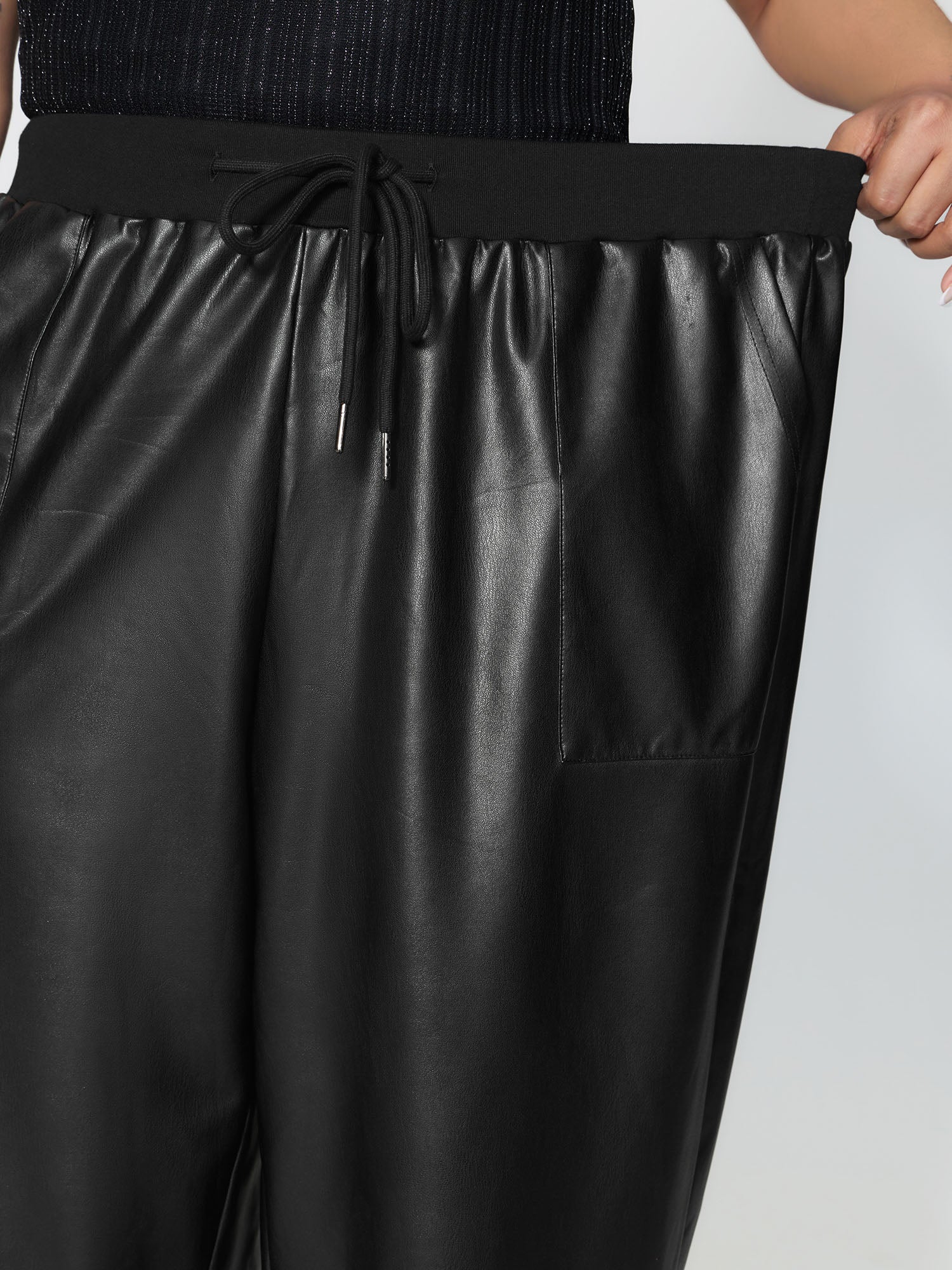 Ribbed Trim Spliced Leather Drawstring Pants - Image 4