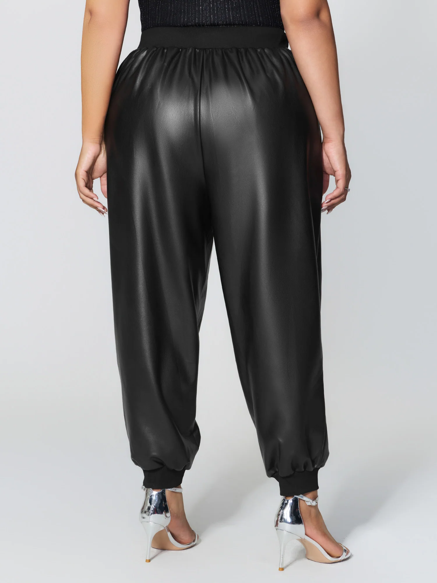 Ribbed Trim Spliced Leather Drawstring Pants - Image 5