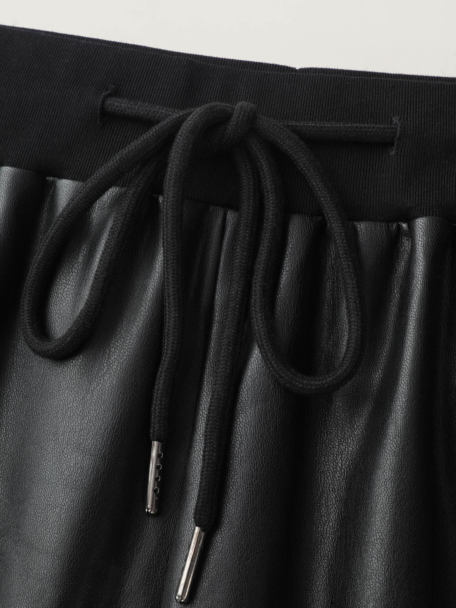 Ribbed Trim Spliced Leather Drawstring Pants - Image 6