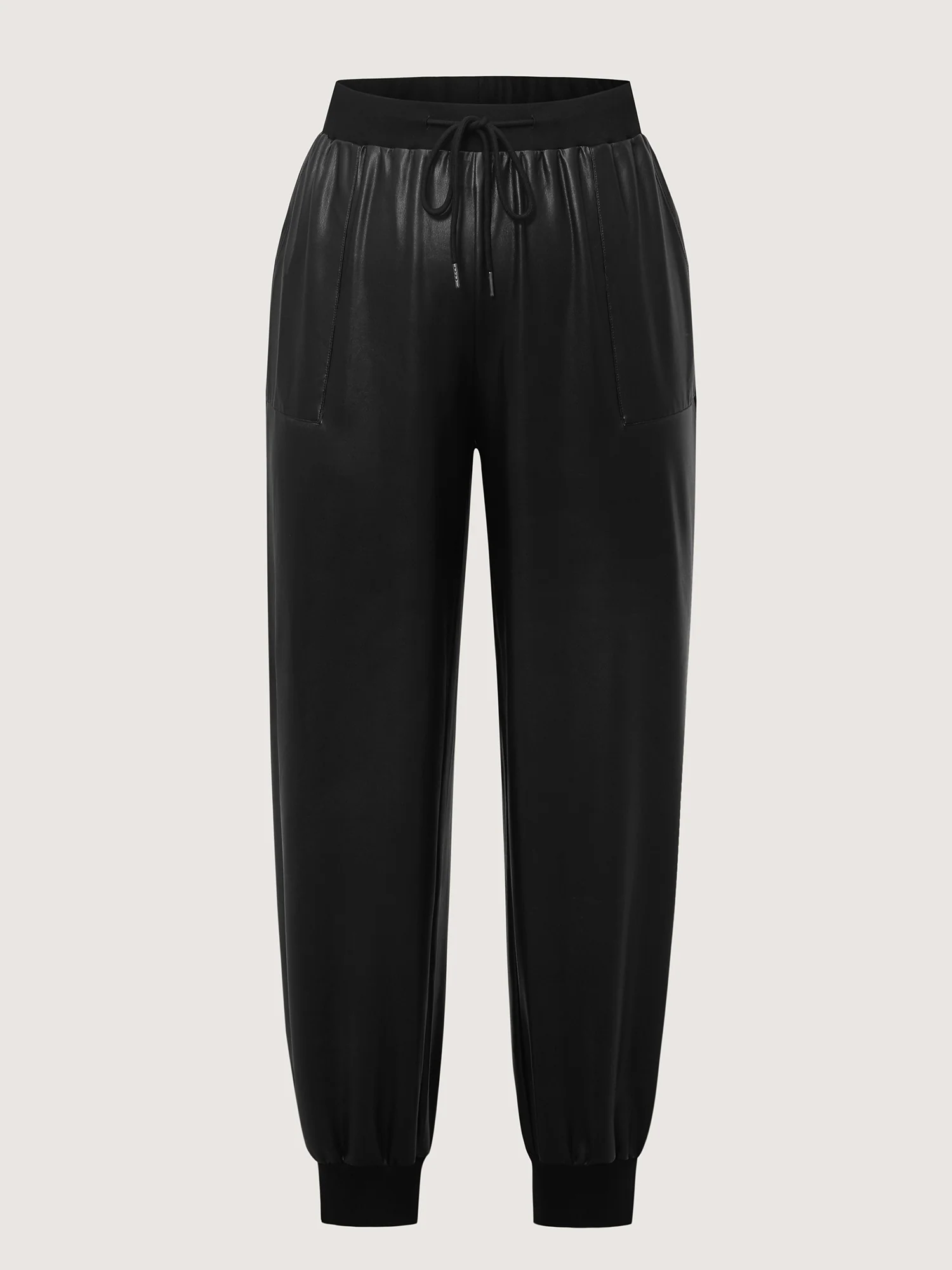 Ribbed Trim Spliced Leather Drawstring Pants - Image 8