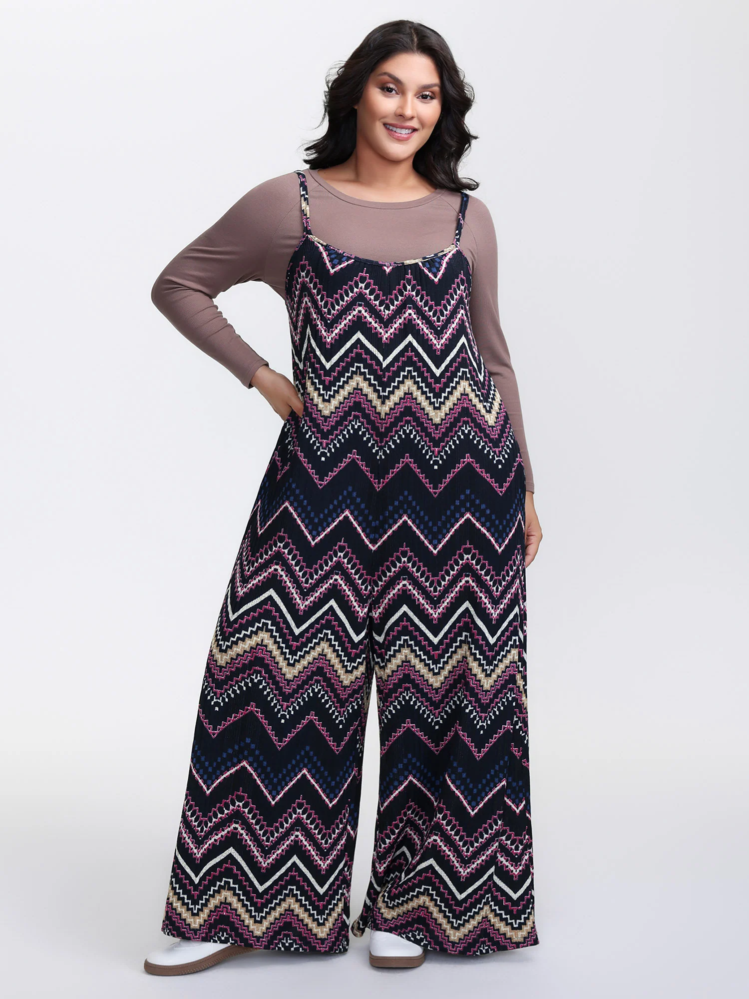 Ribbed Wavy Print Stretchy Lounge Jumpsuit