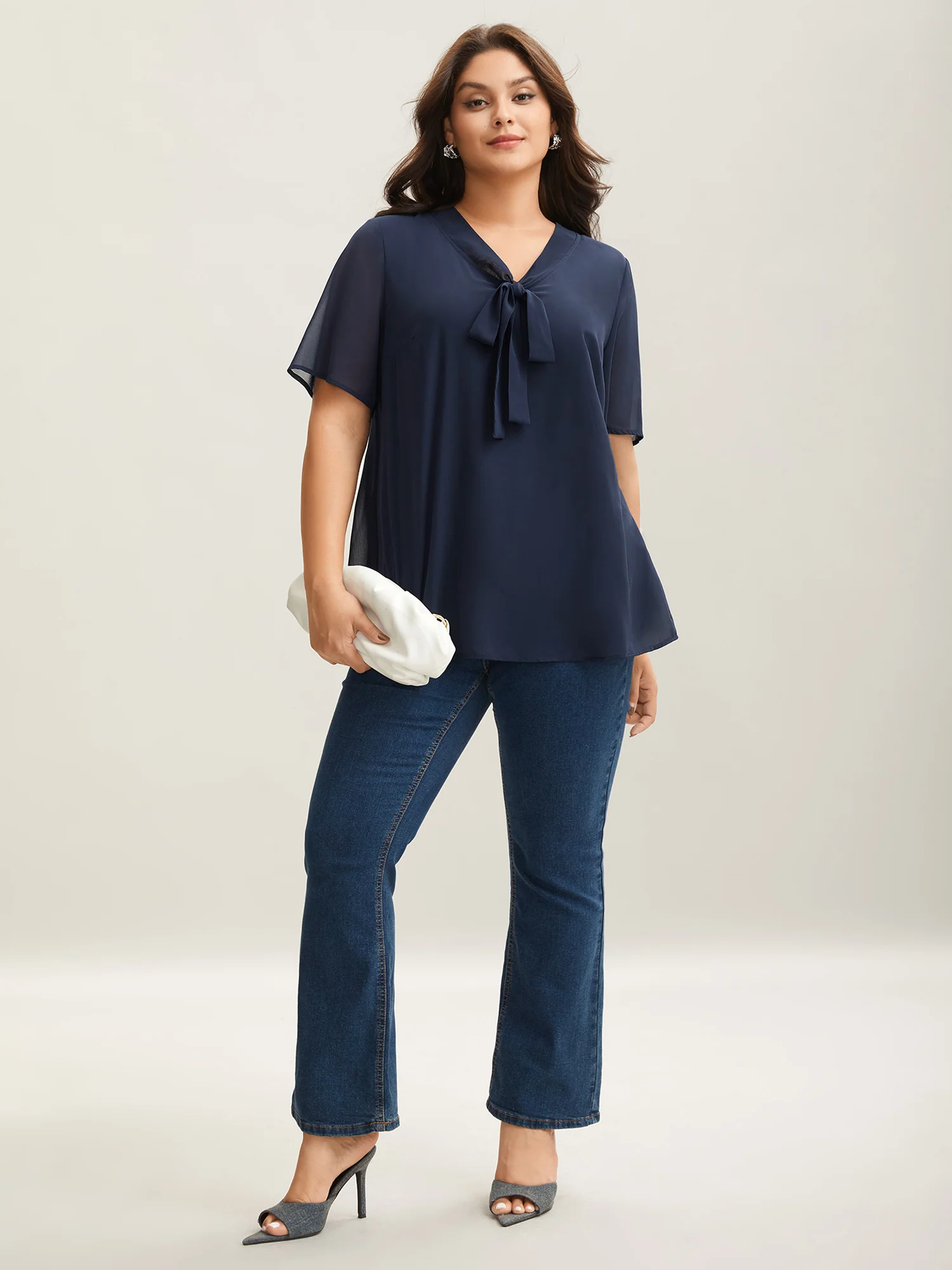 Ribbon Collar Placket Lined Blouse - Image 3