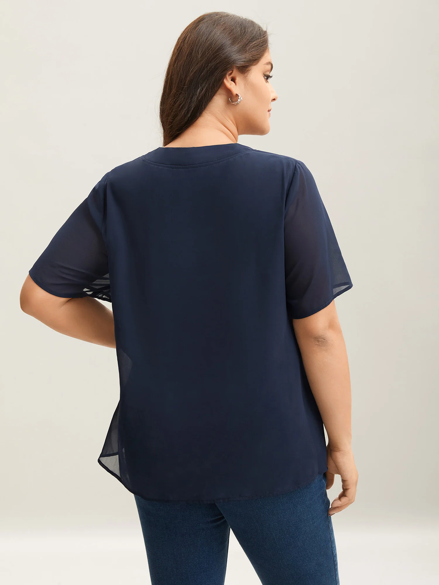 Ribbon Collar Placket Lined Blouse - Image 4