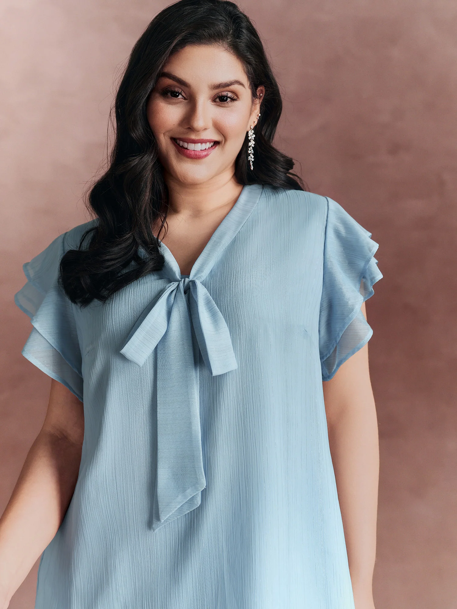 Ribbon Neckline Layered Sleeve Blouse - Image 2