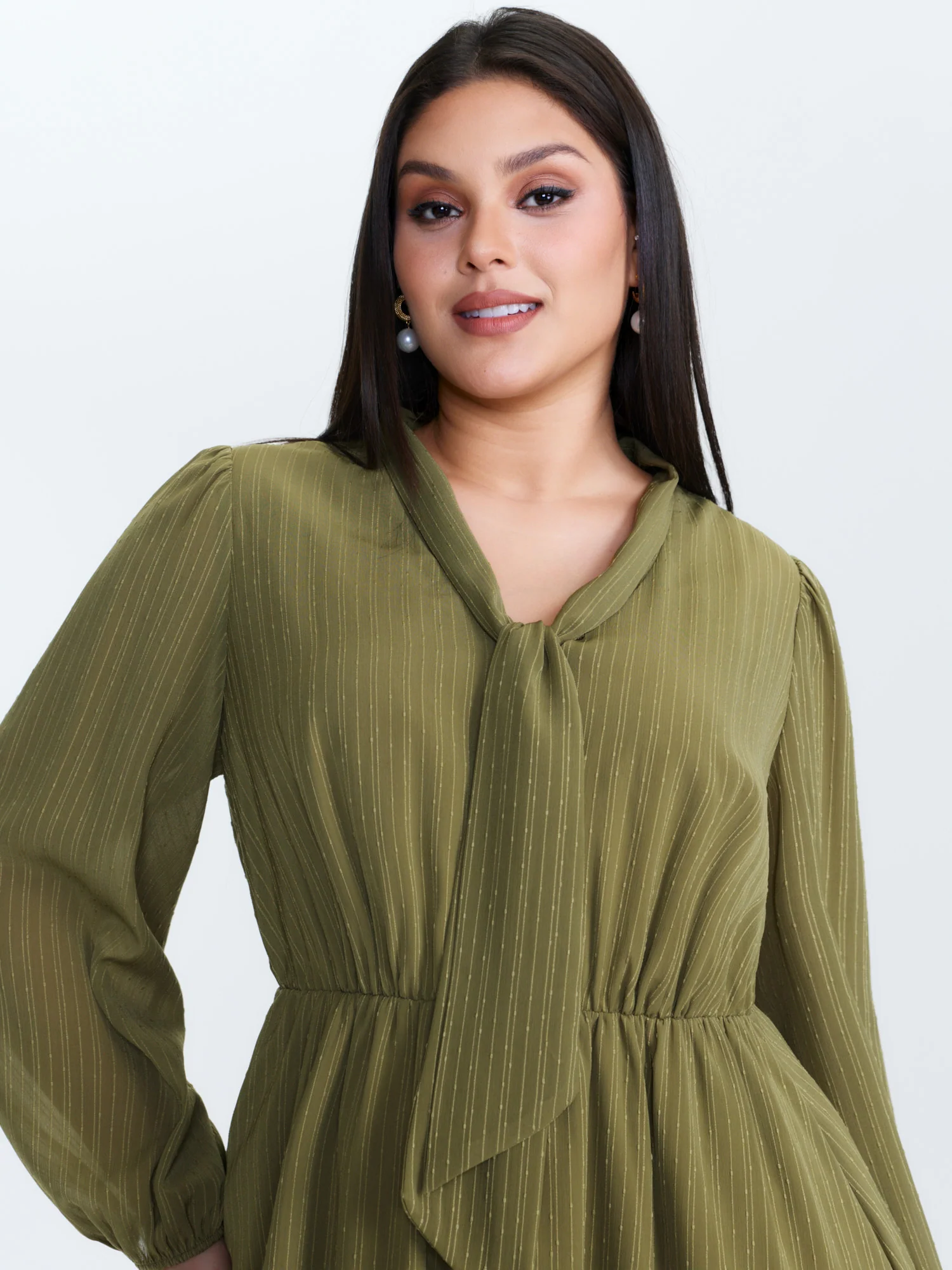 Ribbon Neckline Puffy Sleeve Midi Dress - Image 2