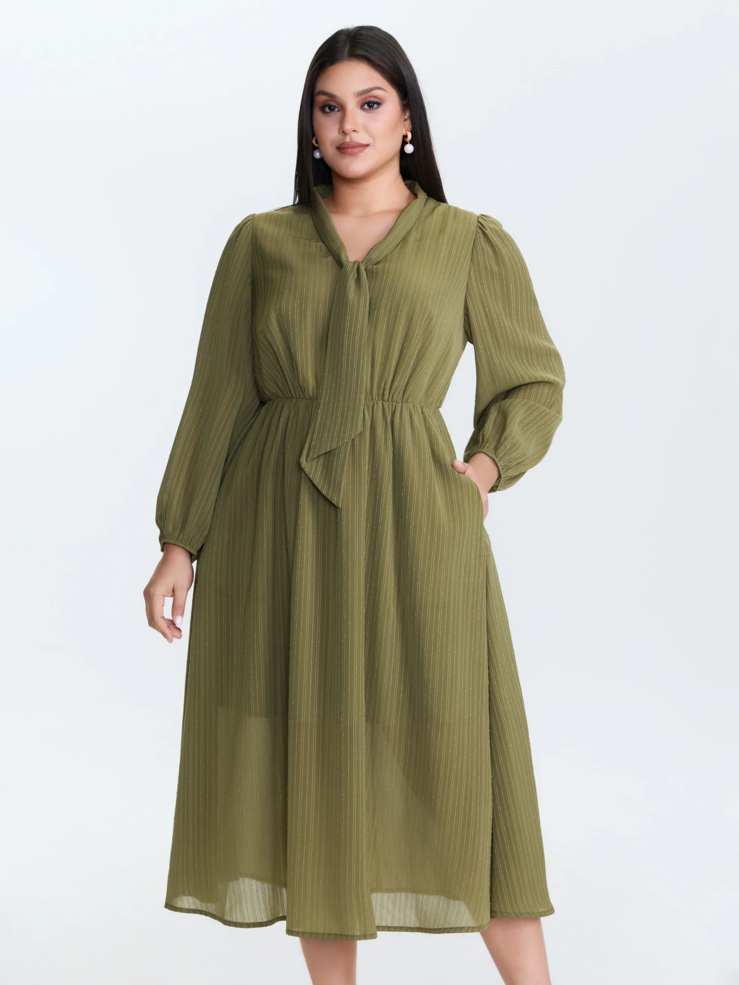 Ribbon Neckline Puffy Sleeve Midi Dress - Image 3