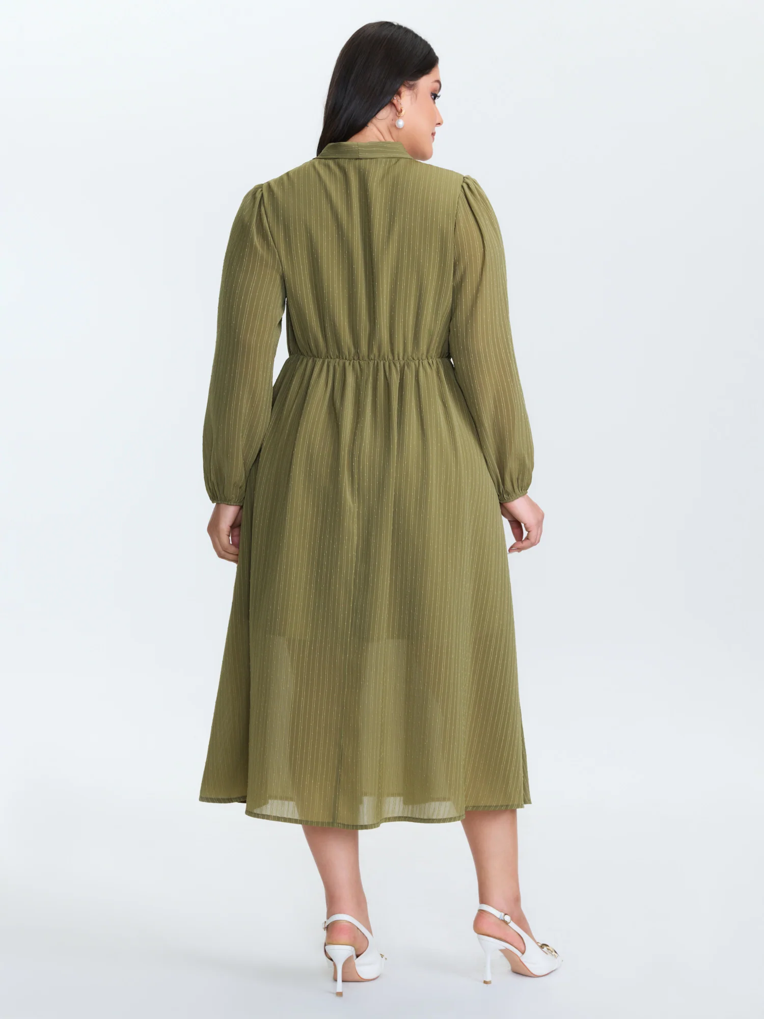 Ribbon Neckline Puffy Sleeve Midi Dress - Image 4