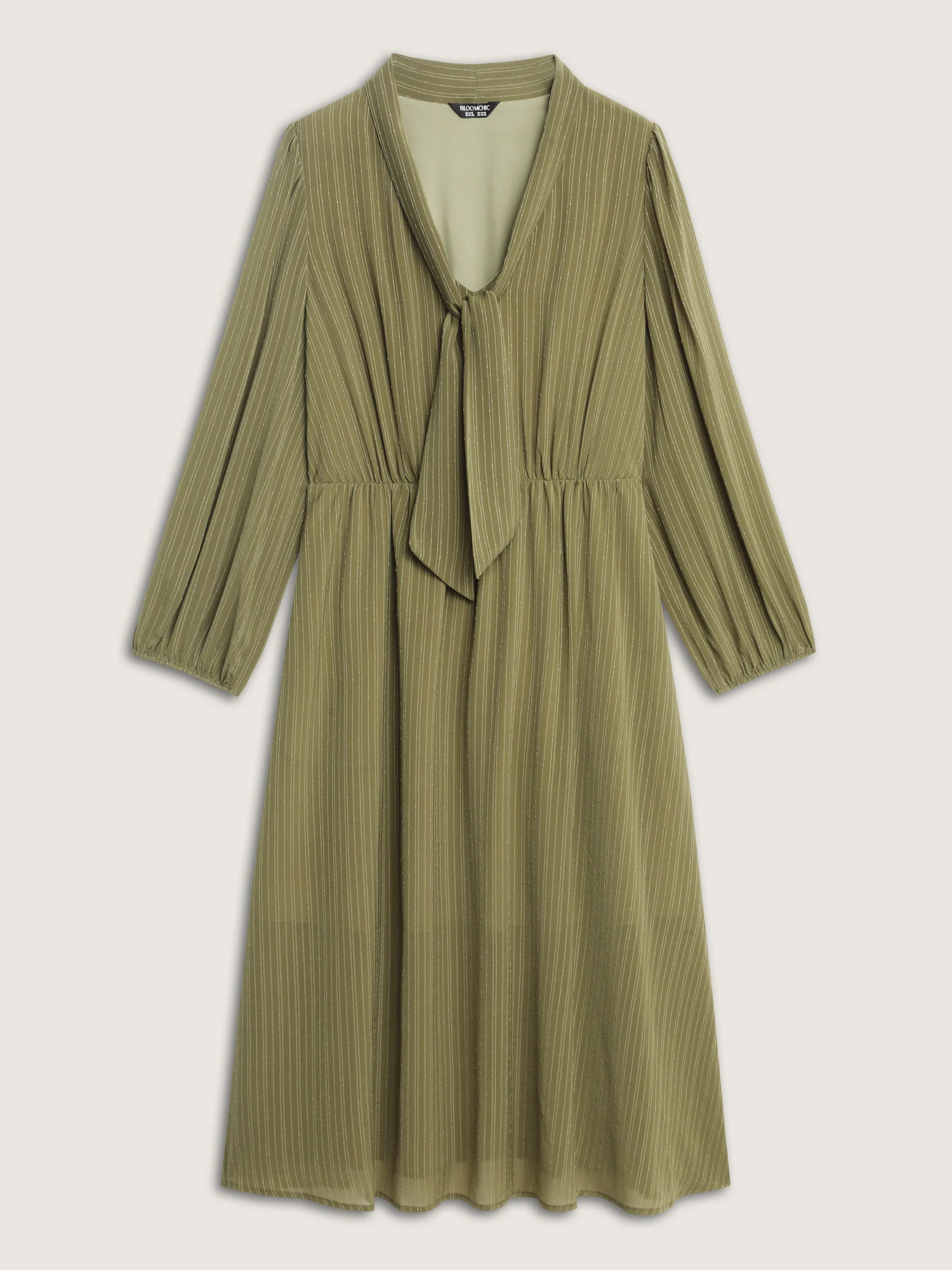 Ribbon Neckline Puffy Sleeve Midi Dress - Image 5