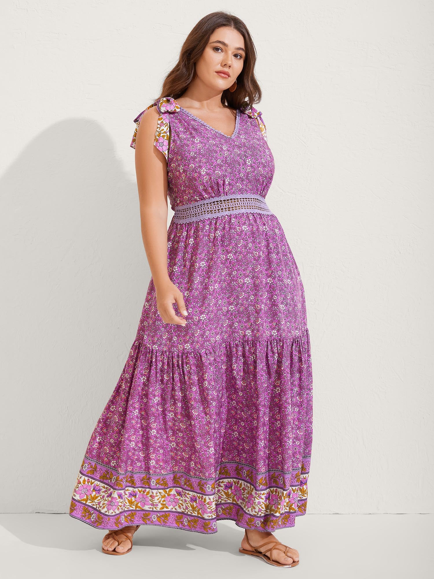 Ribbon Shoulder Tie Tiered Maxi Dress