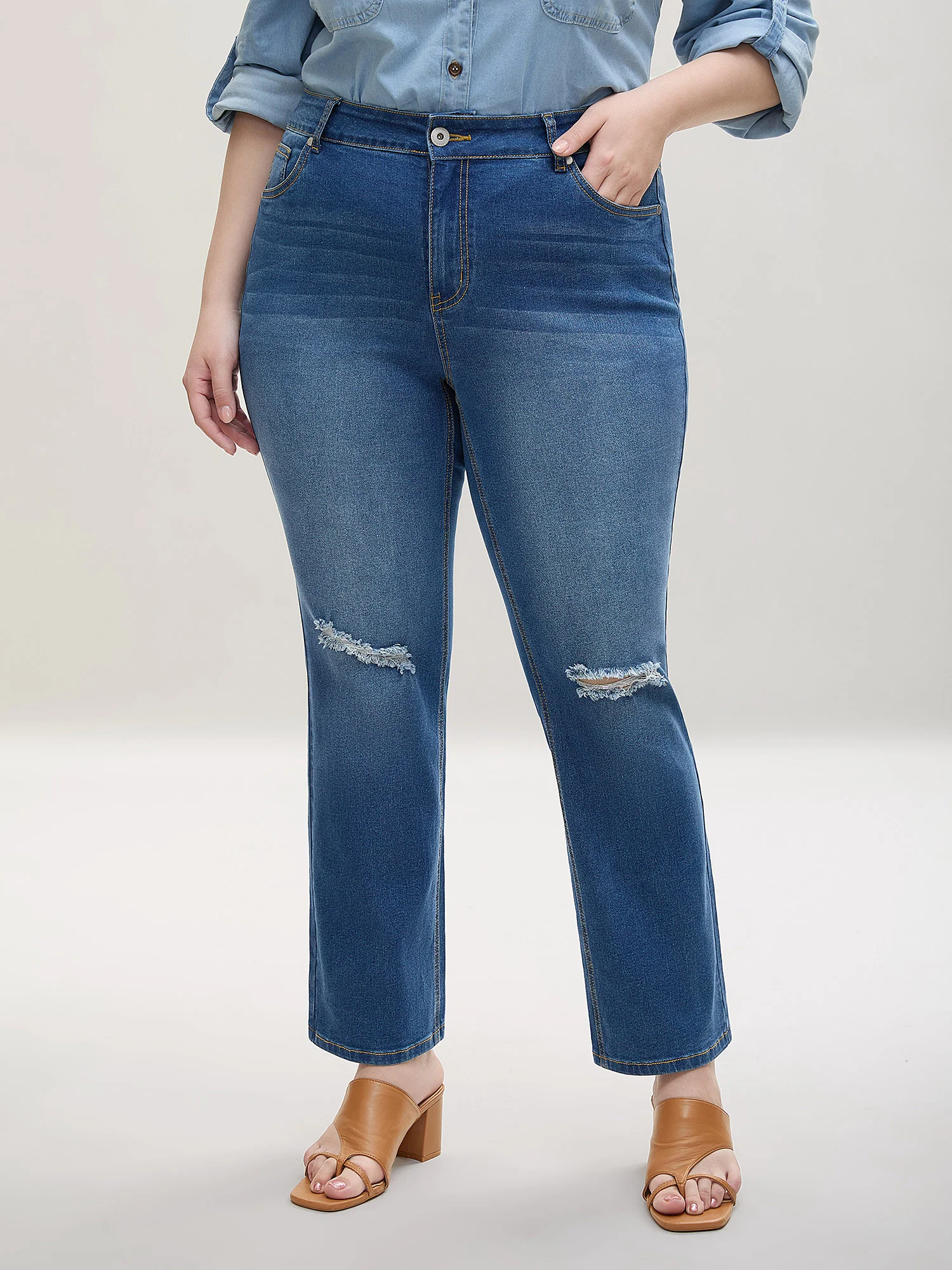 Ripped Mid-Rise Straight-Leg Jeans