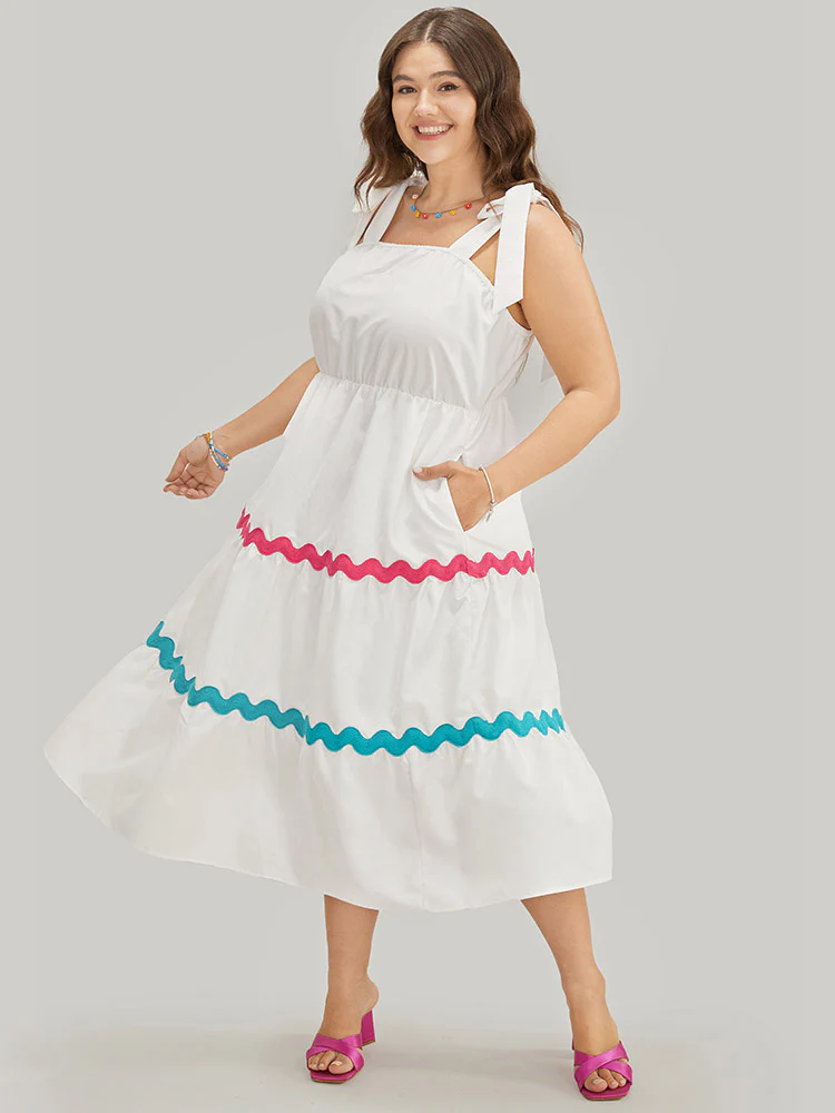 Ripple Print Contrast Pocket Flutter Hem Knot Shoulder Tank Dress - Image 2