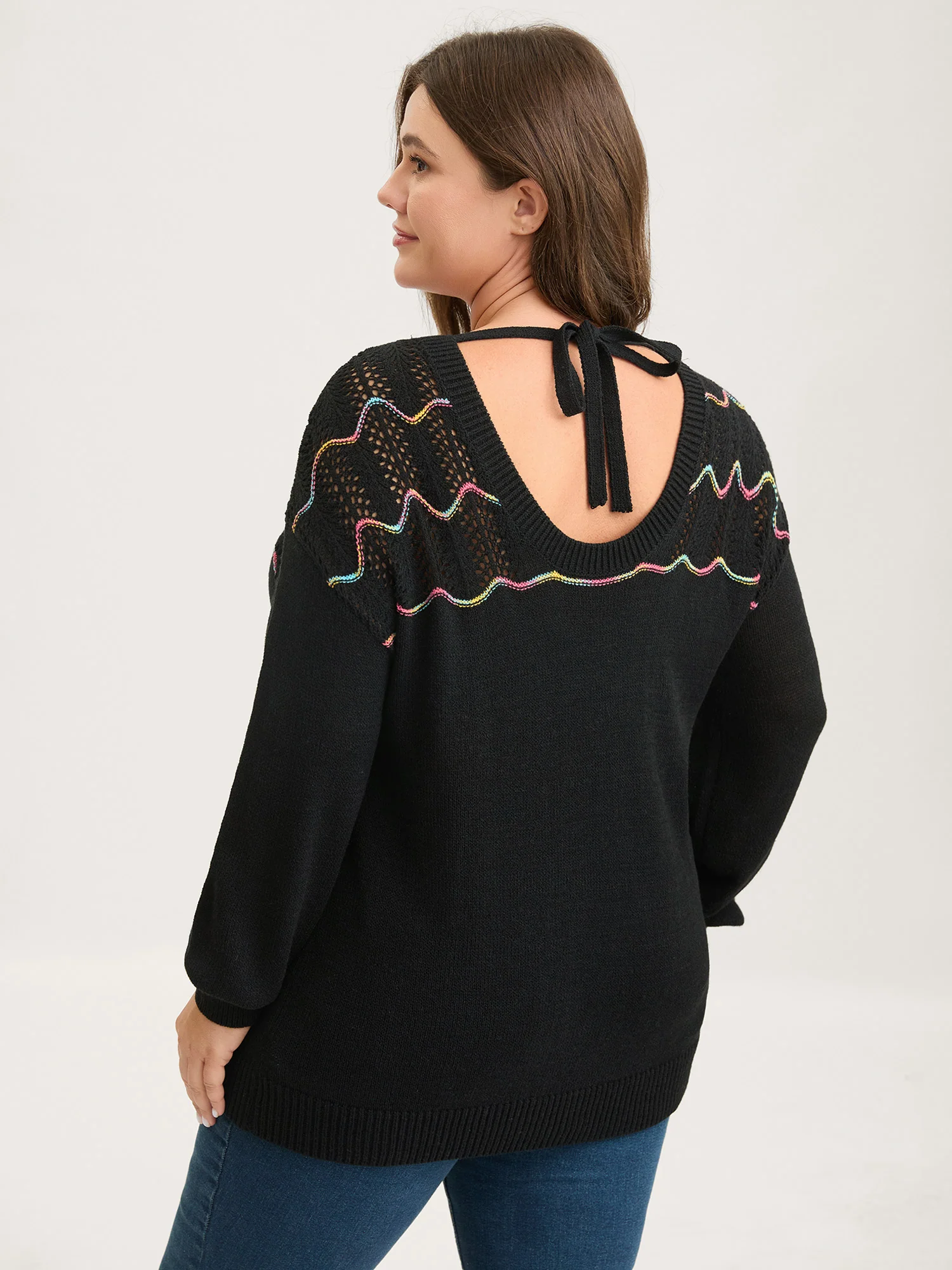 Ripple Textured Sheer Neck Backless Pullover - Image 5