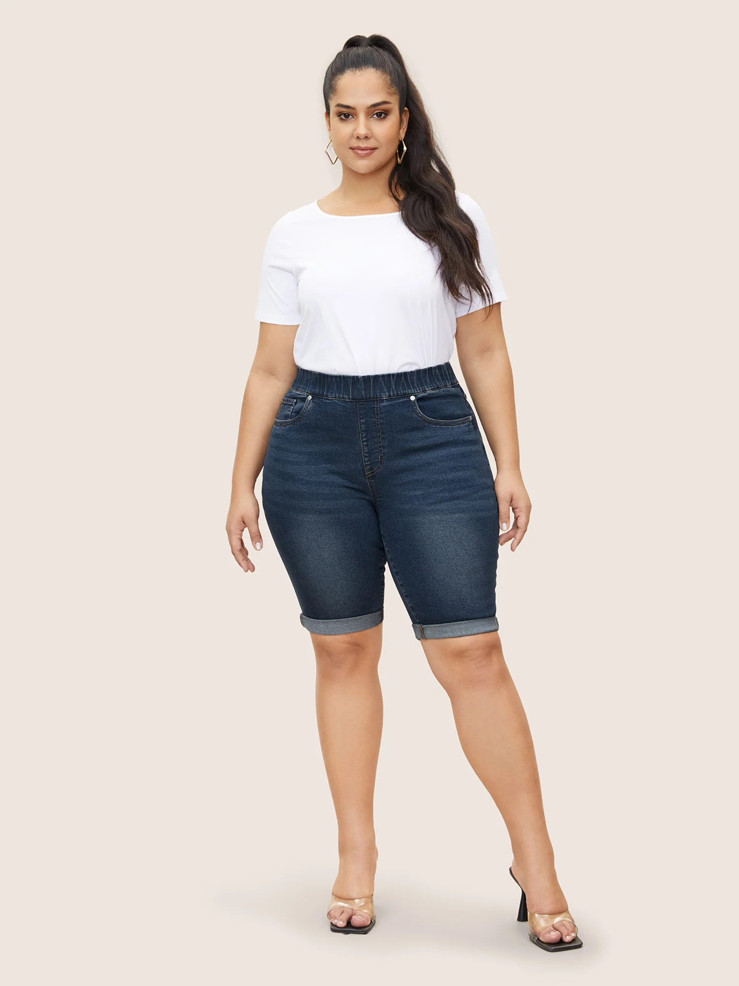 Pull-On Folded Hem Knee-Length Denim Shorts - Image 2