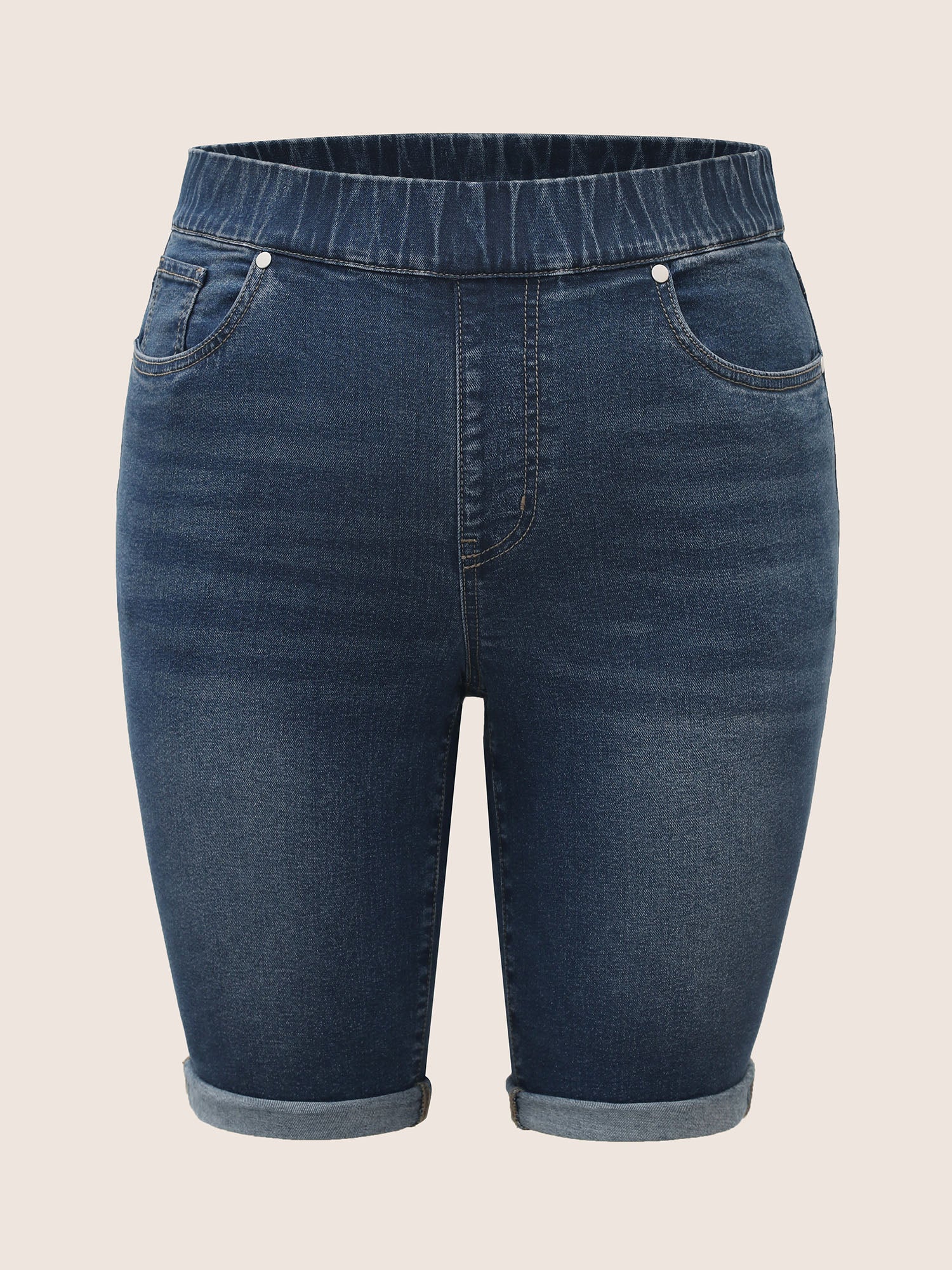 Pull-On Folded Hem Knee-Length Denim Shorts - Image 8