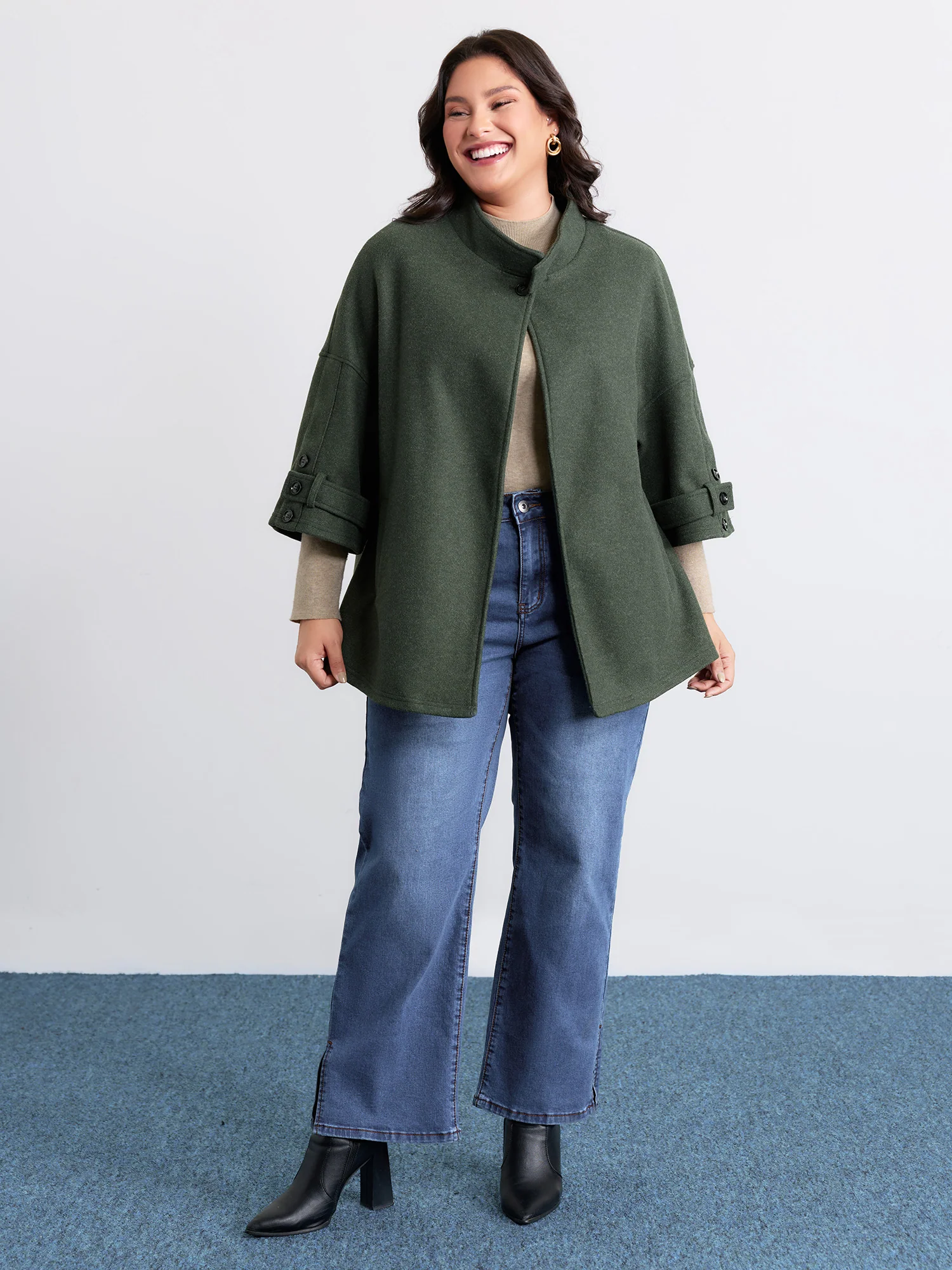 Rolled Button Sleeve Pockets Coat - Image 3