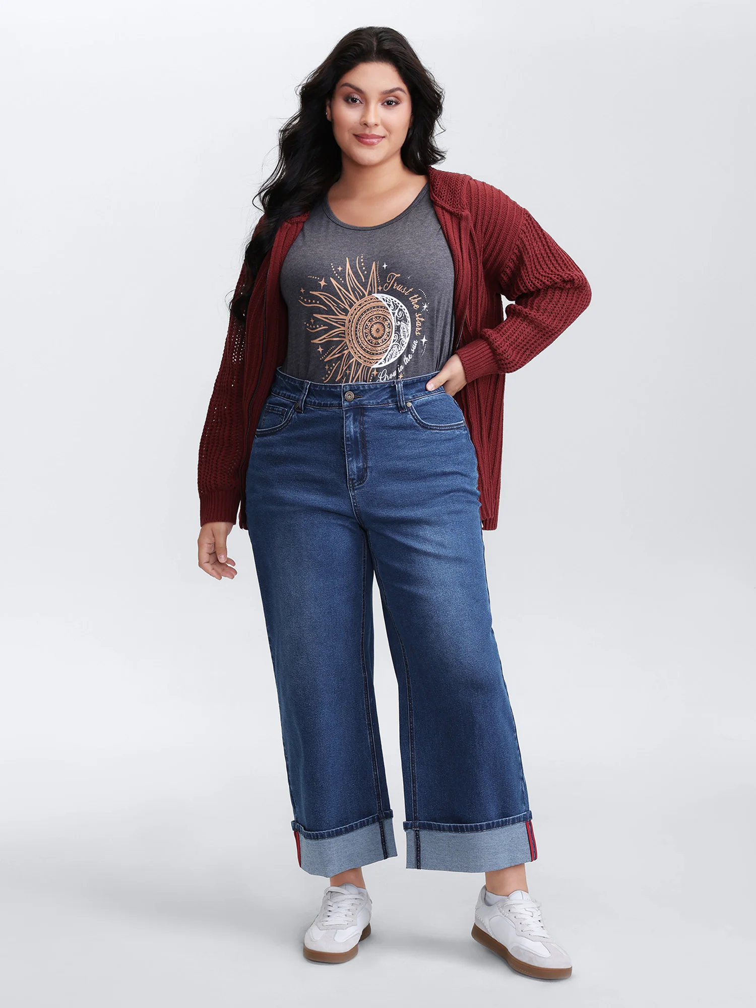 Classic Folded Hem Wide-Leg Cropped Jeans - Image 2