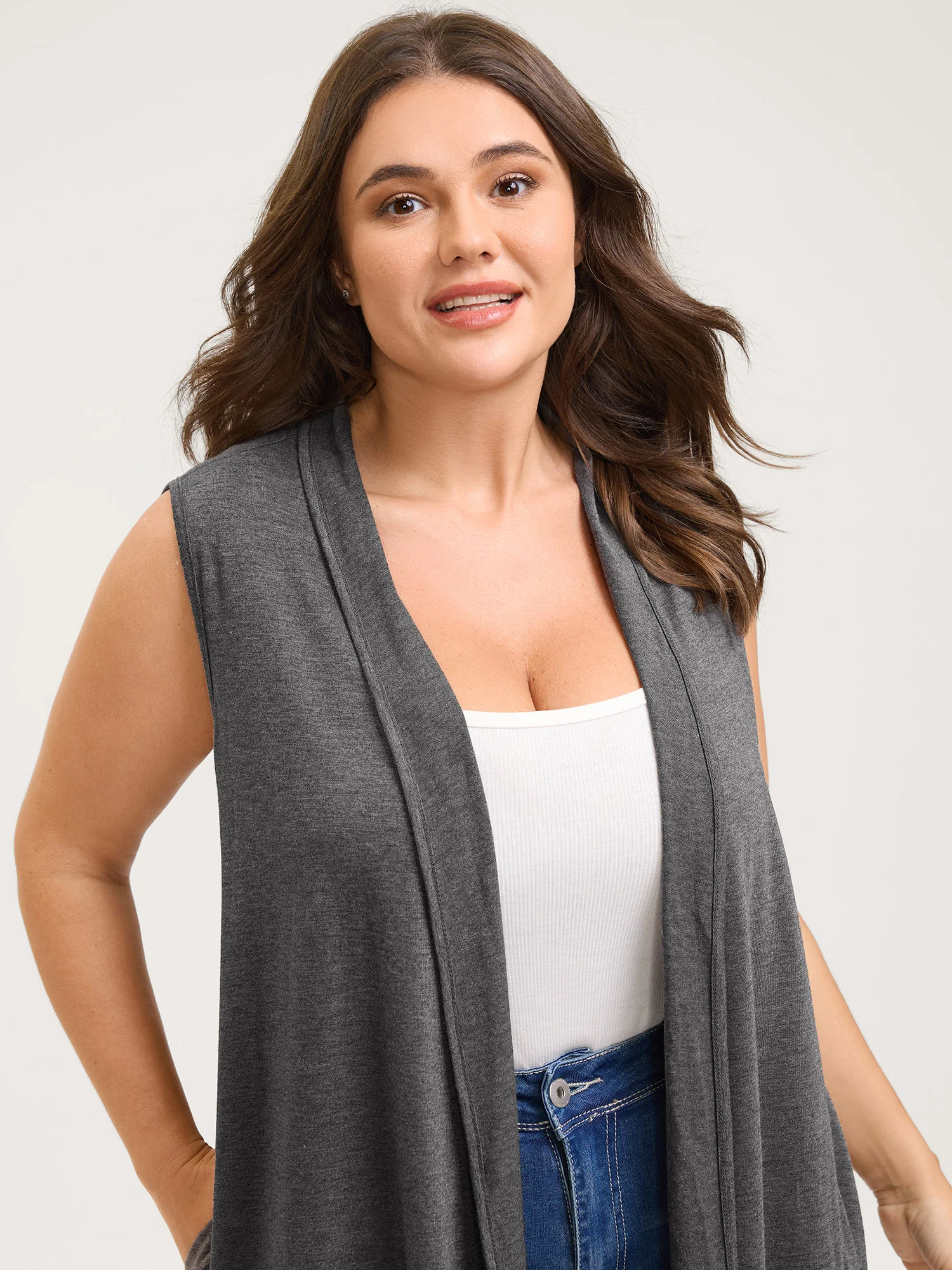 Supersoft Rolled Hem Open-Front Knit Vest - Image 2