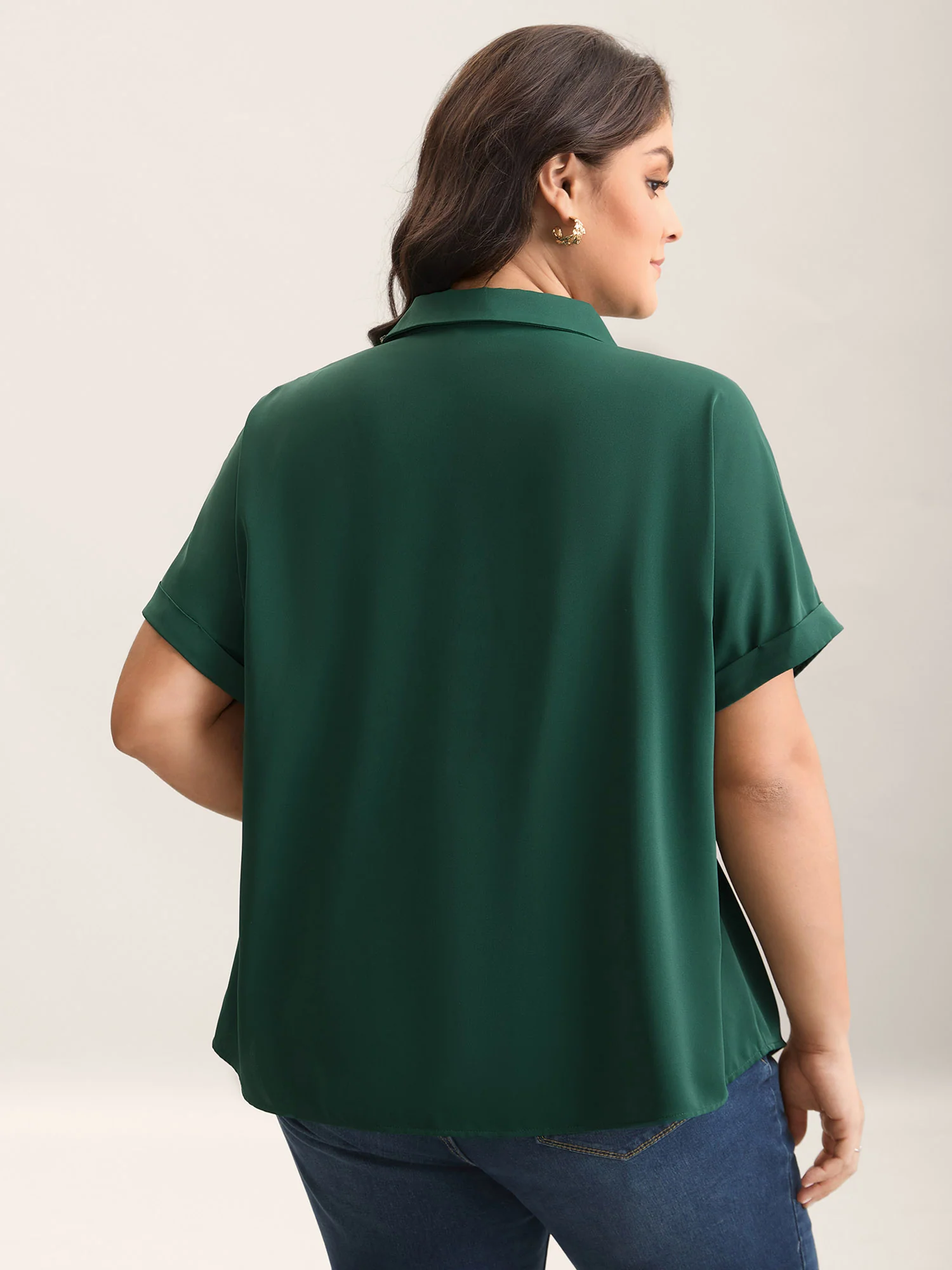 Rolled Hem Sleeve Collar Plain Blouse - Image 2