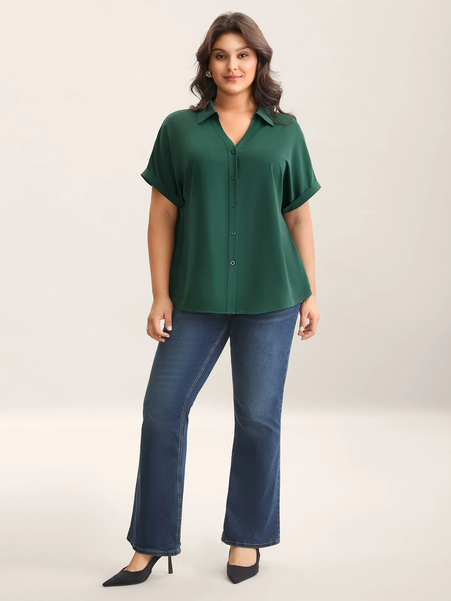 Rolled Hem Sleeve Collar Plain Blouse - Image 3
