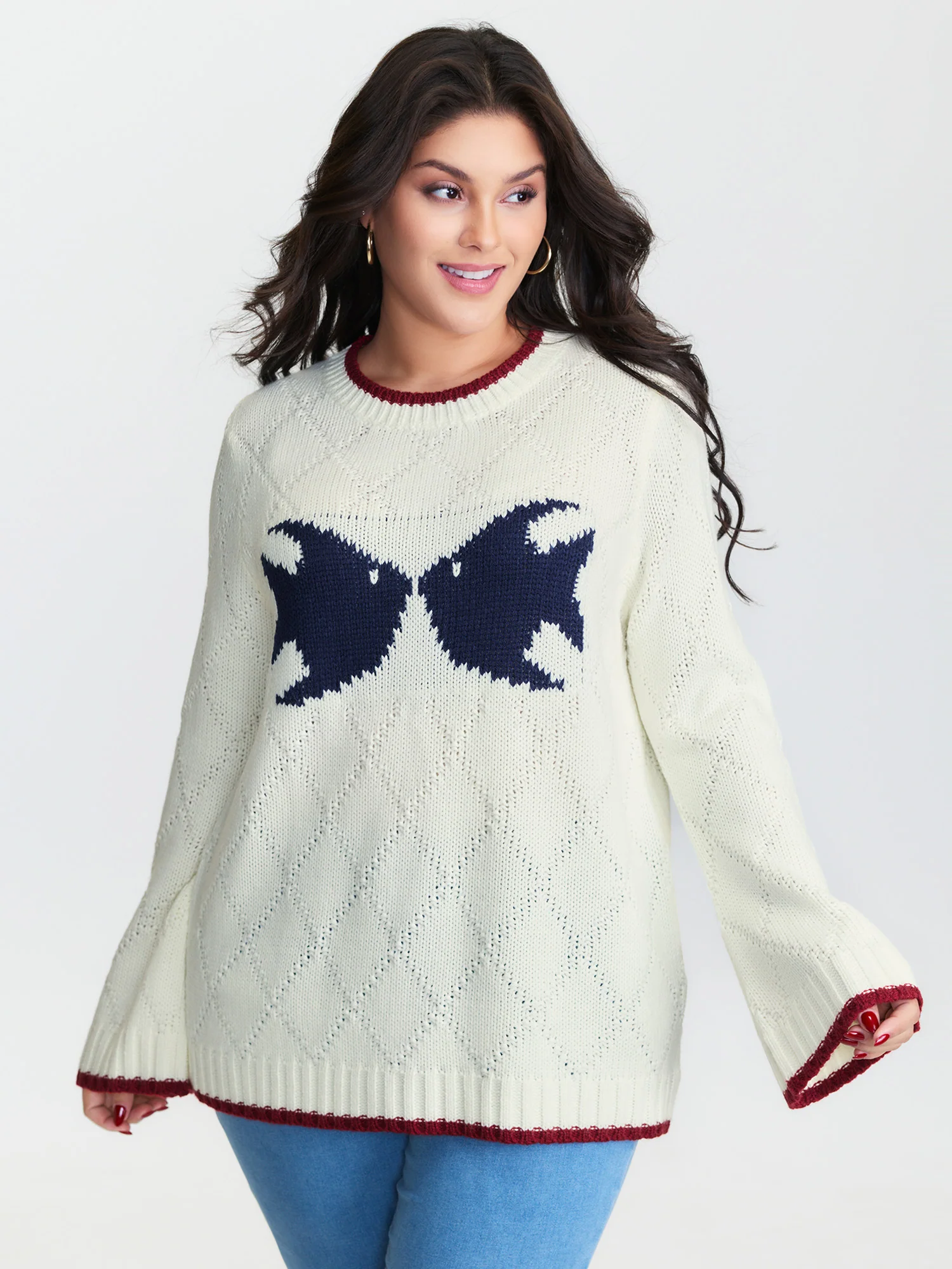 Romantic Fish Pattern Jacquard Textured Pullover