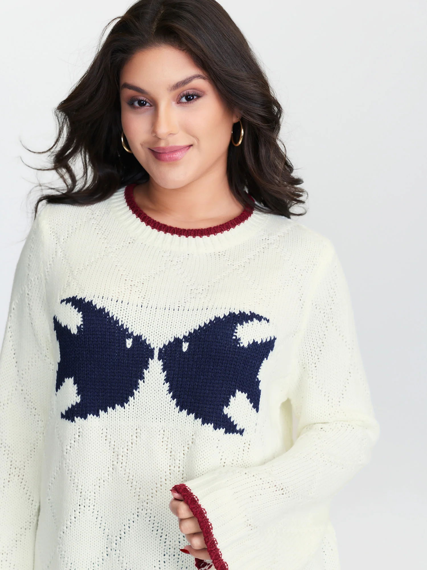 Romantic Fish Pattern Jacquard Textured Pullover - Image 3