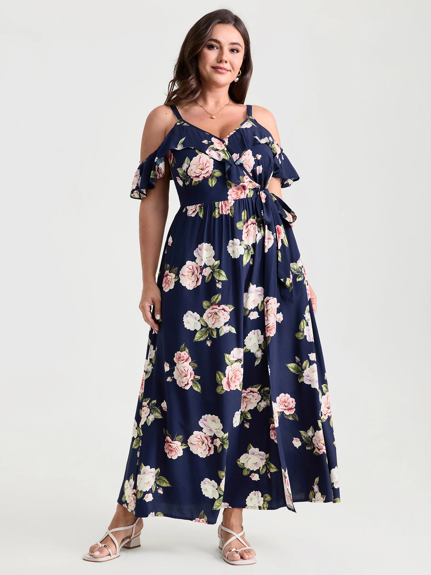 Romantic Floral Print High Slit Maxi Dress - Image 3