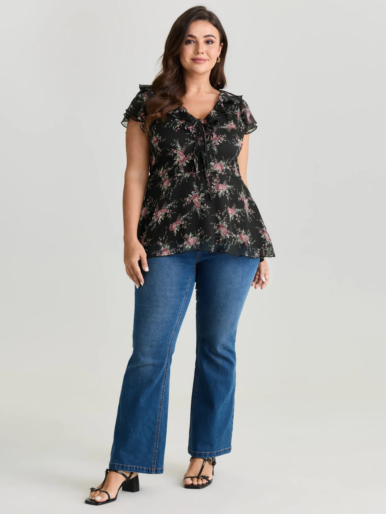 Romantic Floral Print Layered Ruffled Sleeve Blouse - Image 10