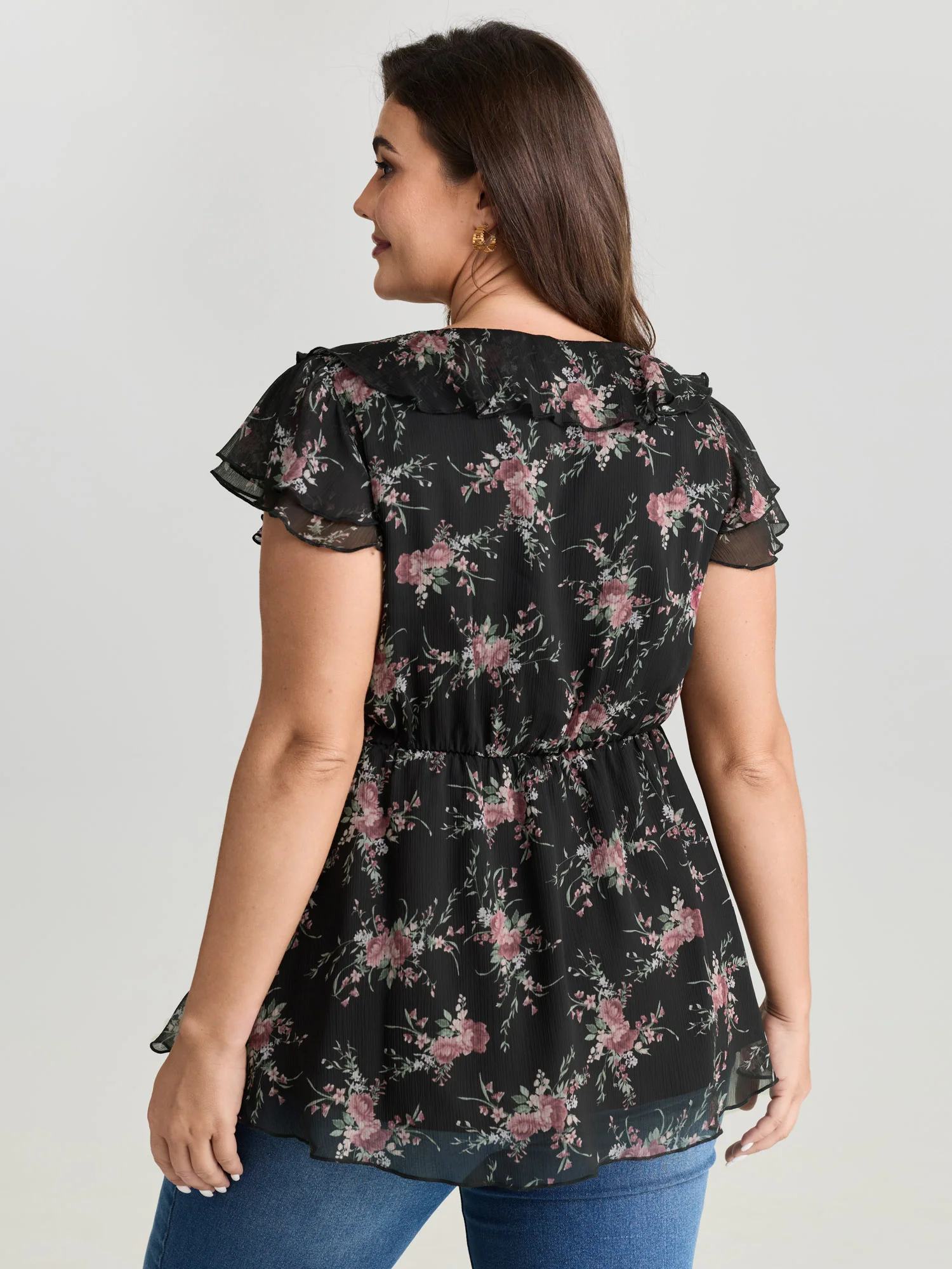 Romantic Floral Print Layered Ruffled Sleeve Blouse - Image 11