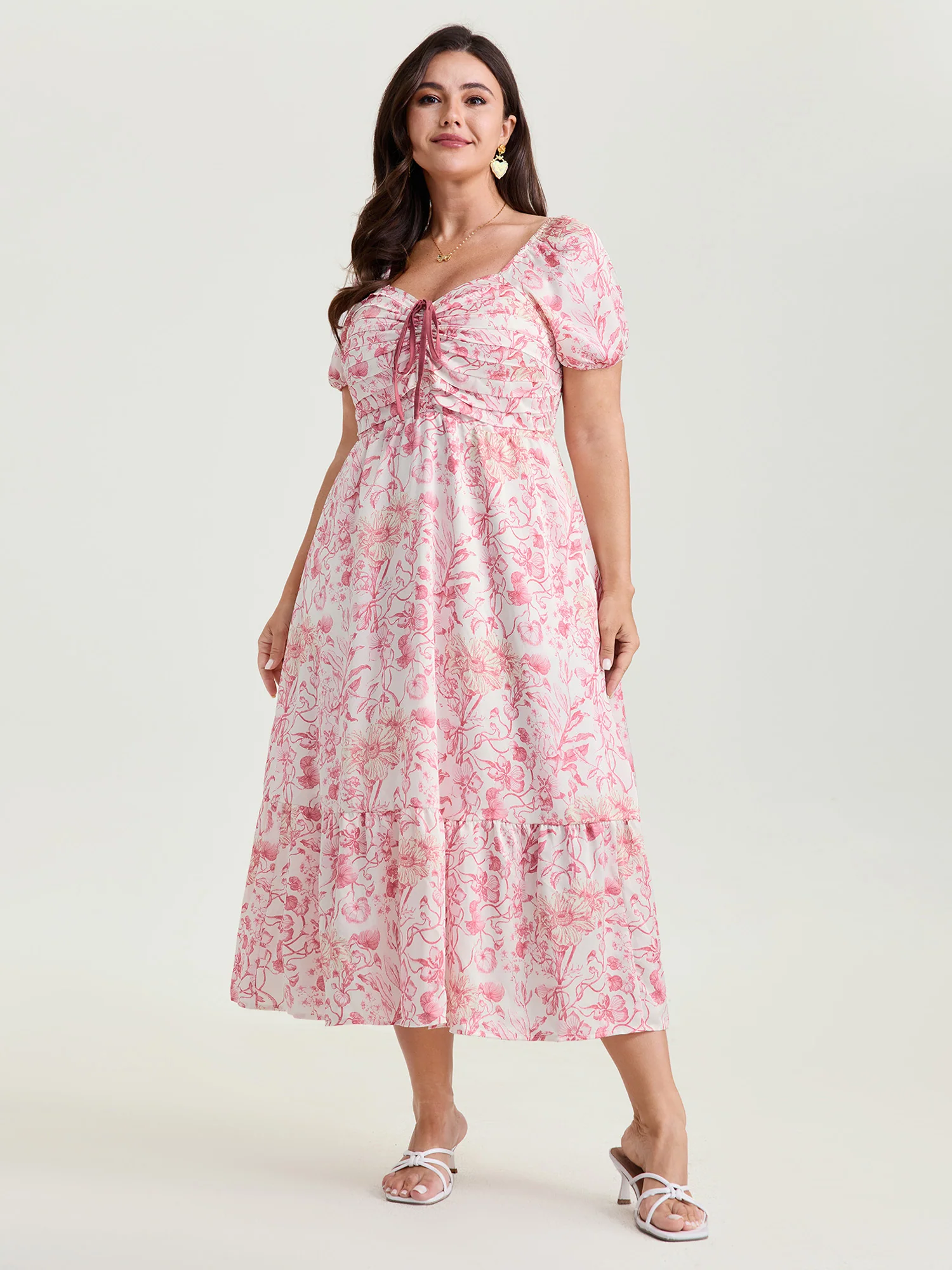 Romantic Floral Ruched Bodice Stretchy Waist Midi Dress - Image 3