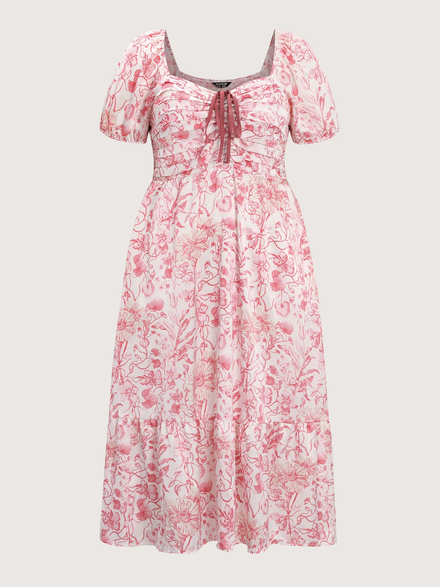Romantic Floral Ruched Bodice Stretchy Waist Midi Dress - Image 7