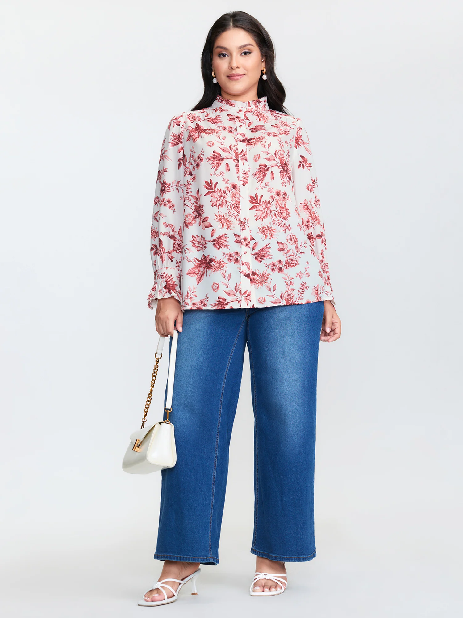 Romantic Floral Ruffled Collar Ribbon Blouse - Image 3