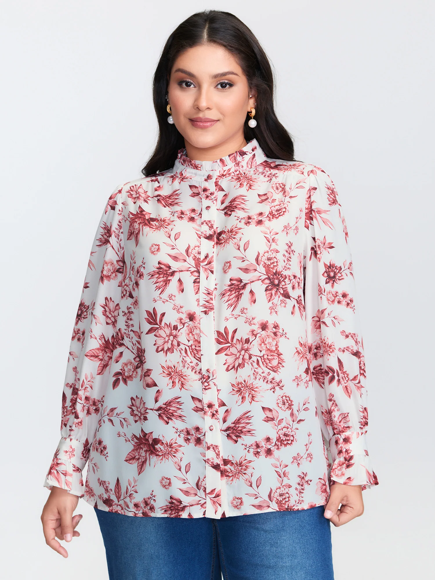 Romantic Floral Ruffled Collar Ribbon Blouse - Image 4