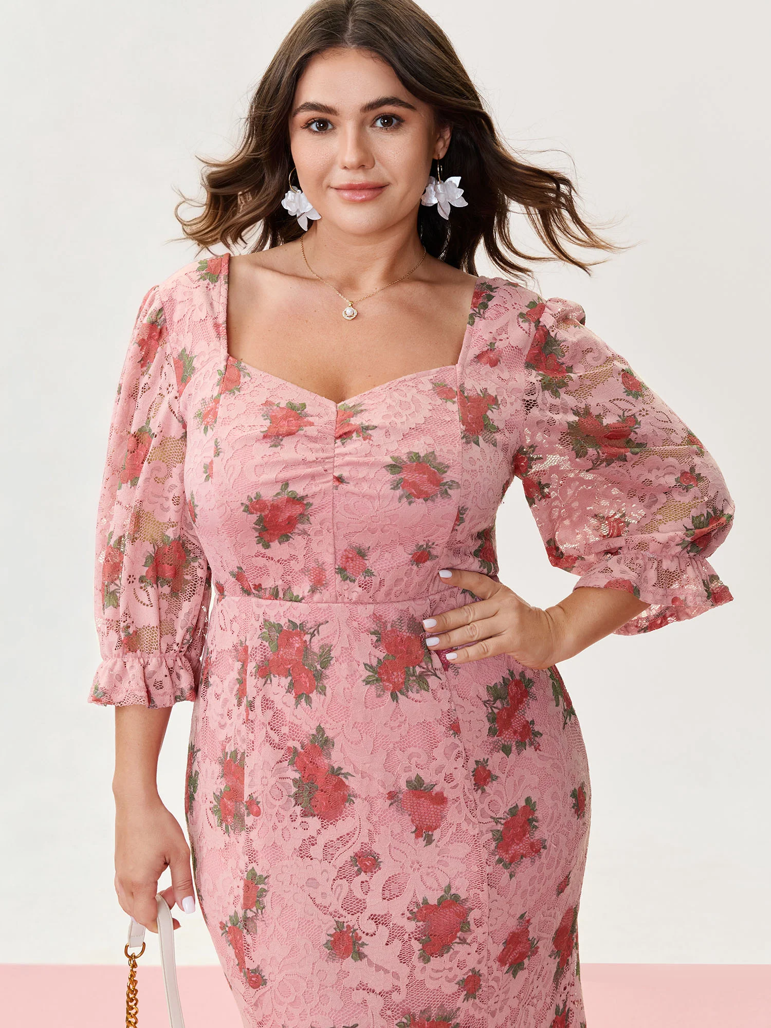 Romantic Lace Print Pockets Midi Dress - Image 3